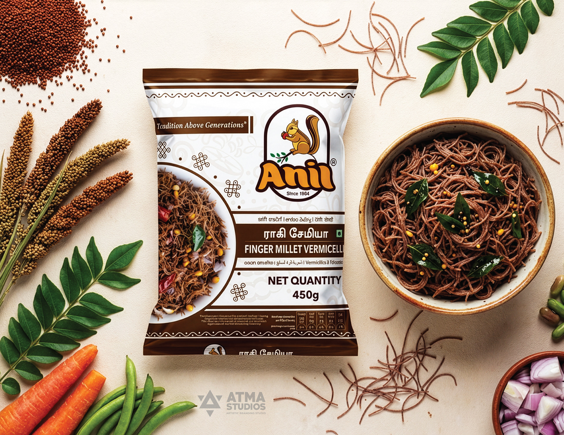 Anil Foods rebranding: ragi vermicelli pack mockup with a bowl of cooked ragi vermicelli