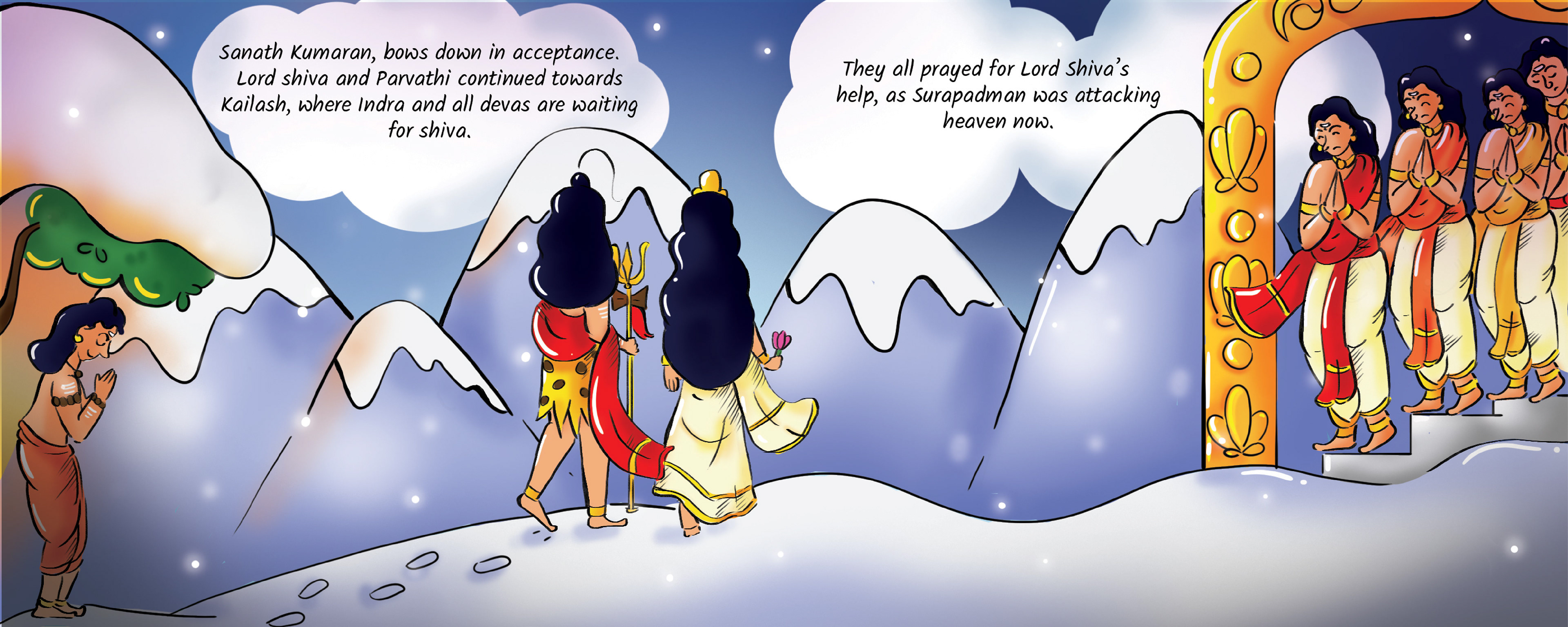 Kandha children's mythological story book on Lord Murugan: spread of a procession in the mountains