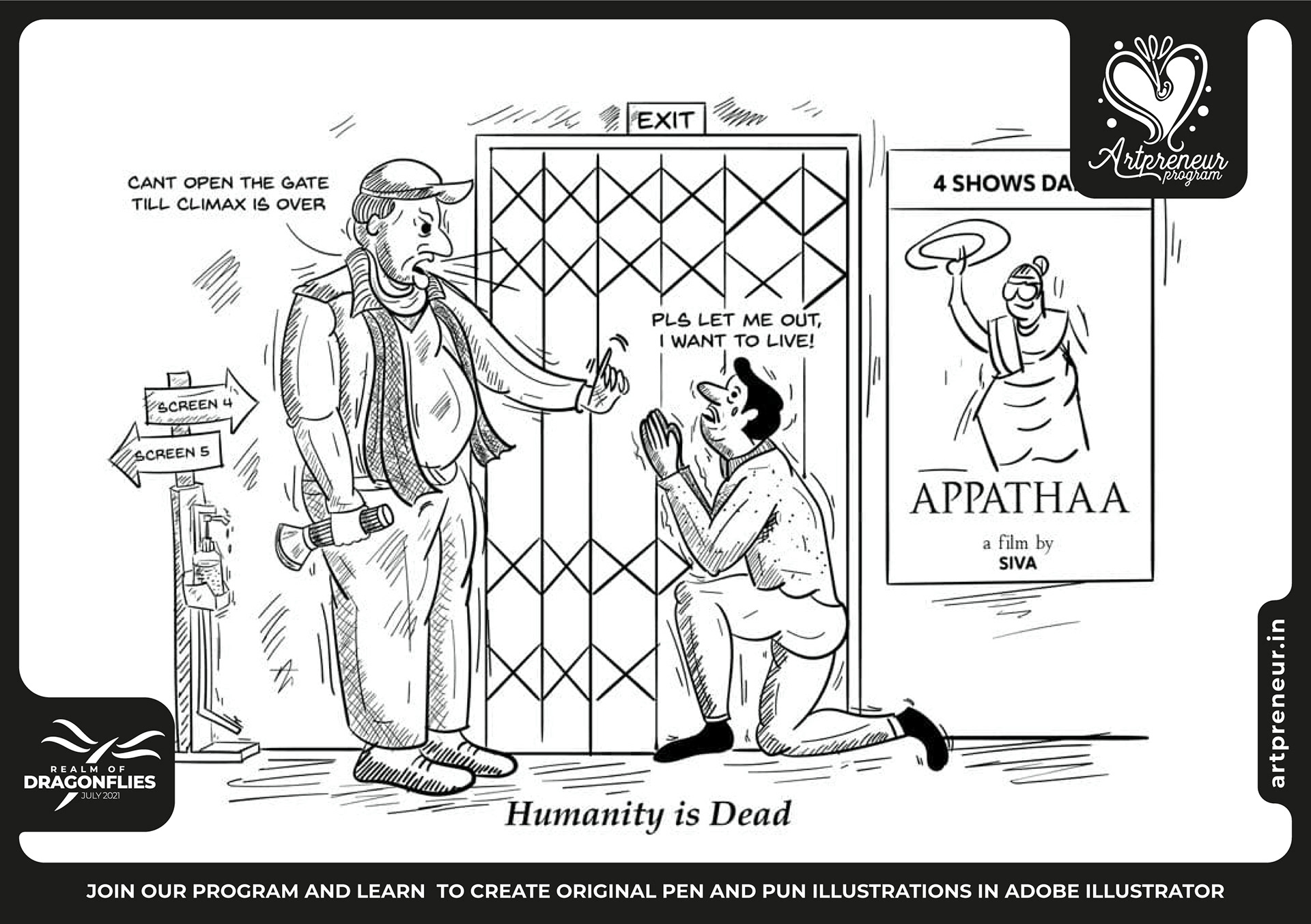 30 pen and pun comic cartoon illustrations: #15 "Humanity is dead" gag