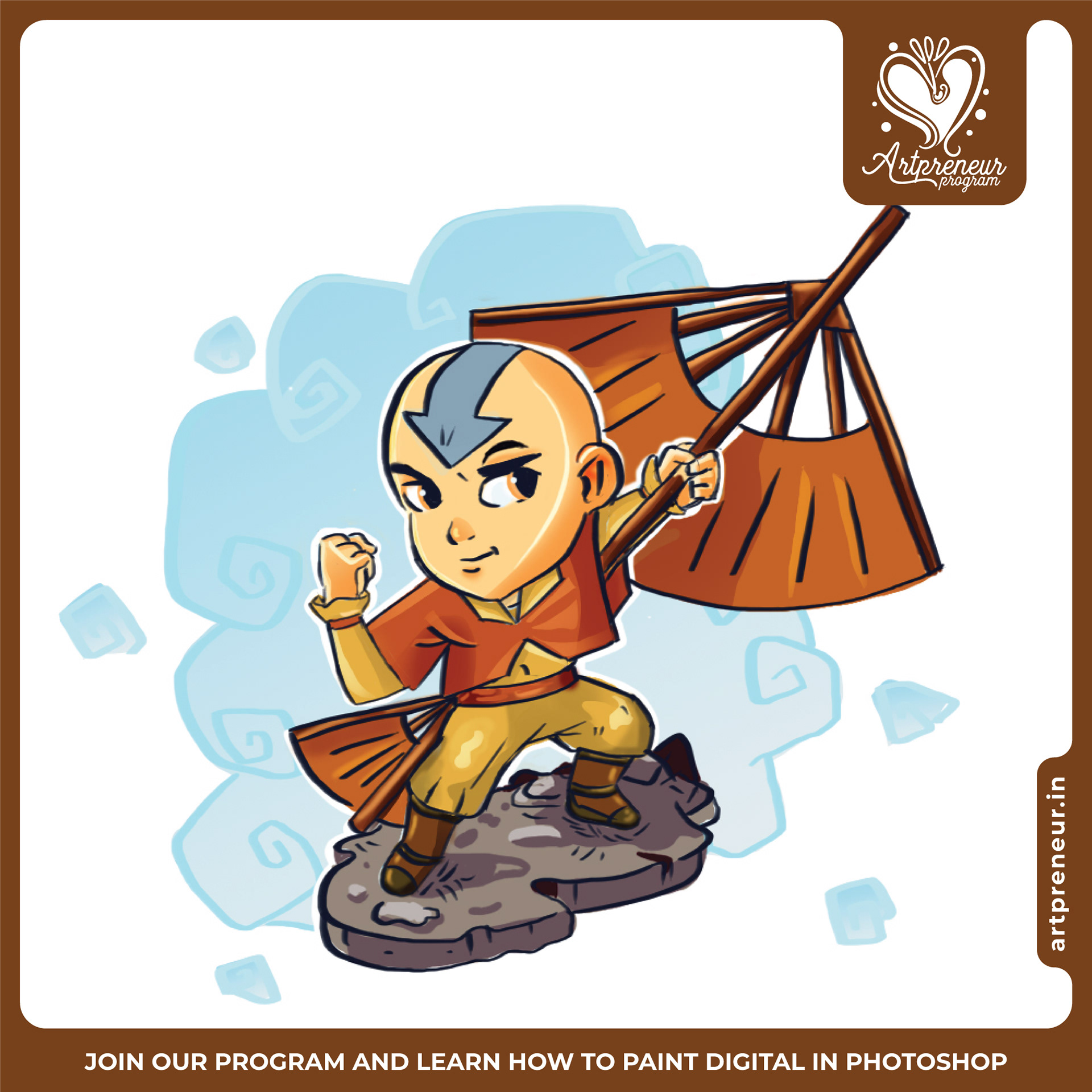 12 cute chibi illustrations collective 2021-2022: #5 Monk boy with a fan glider chibi