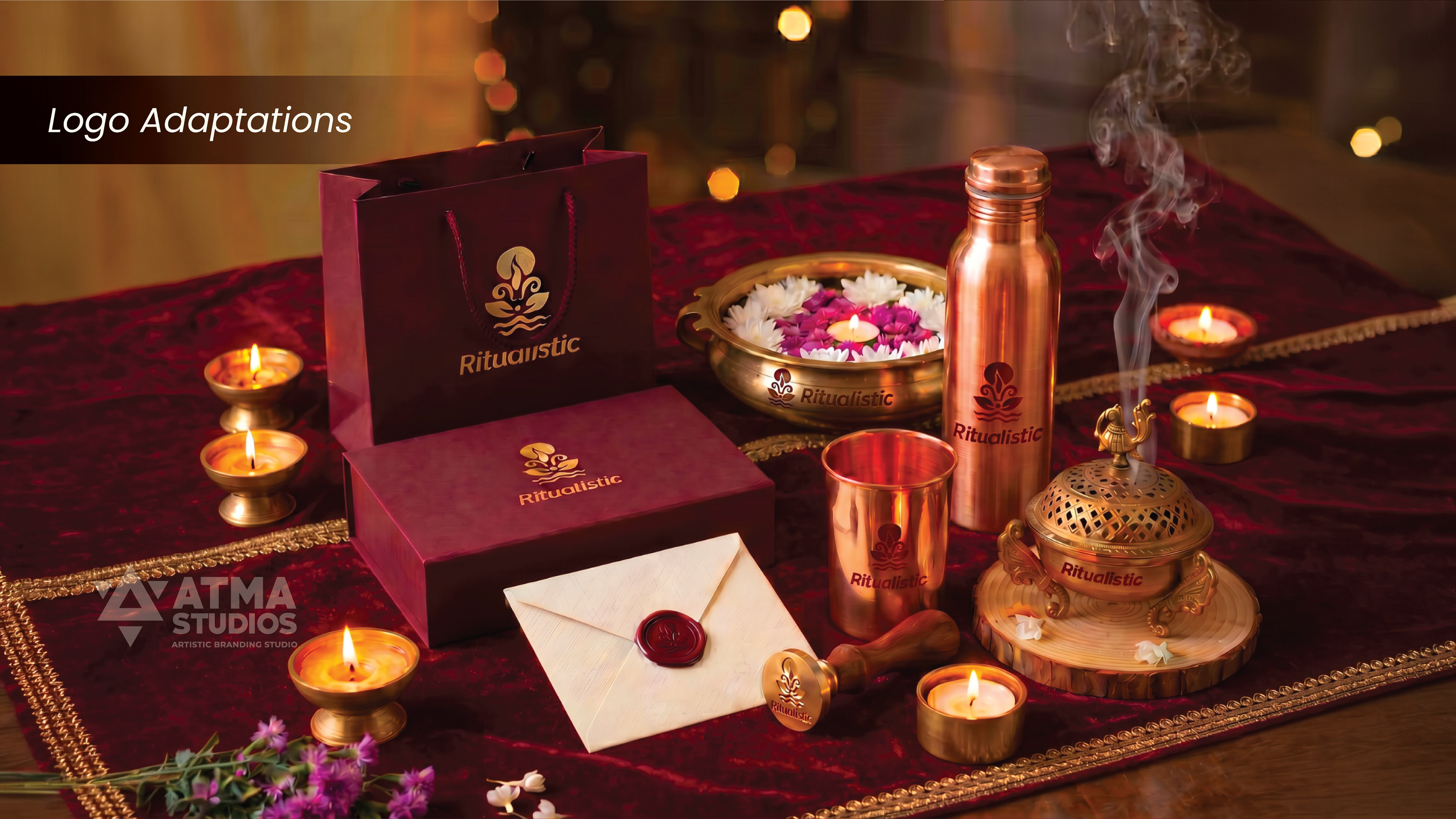 Ritualistic mindful essentials brand: logo adaptations on gift box, envelope and copper bottle