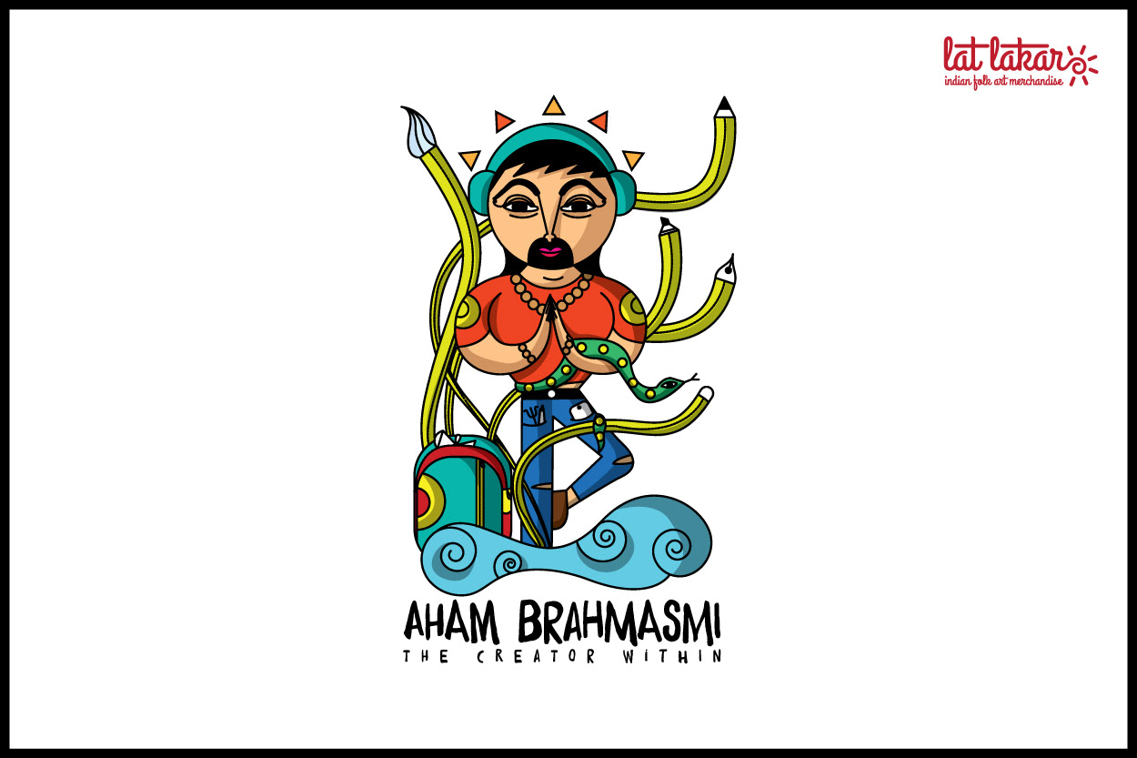 Lat Lakar Indian folk art merchandise: Aham Brahmasmi character illustration
