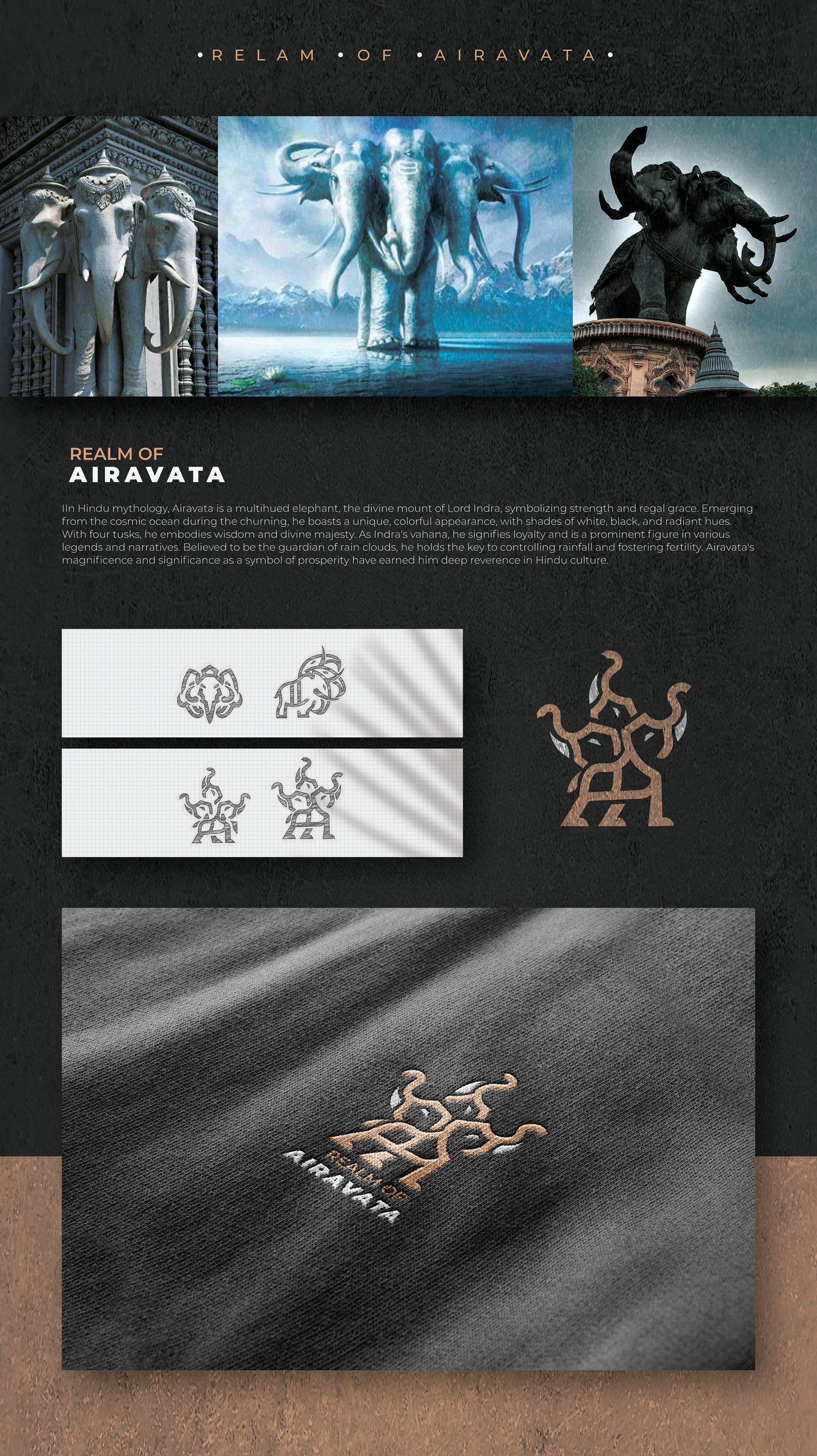 Artpreneur program sub-brand logo set inspired by Indian mythical creatures: realm of Airavata: elephant references, sketches and the final line logo on fabric