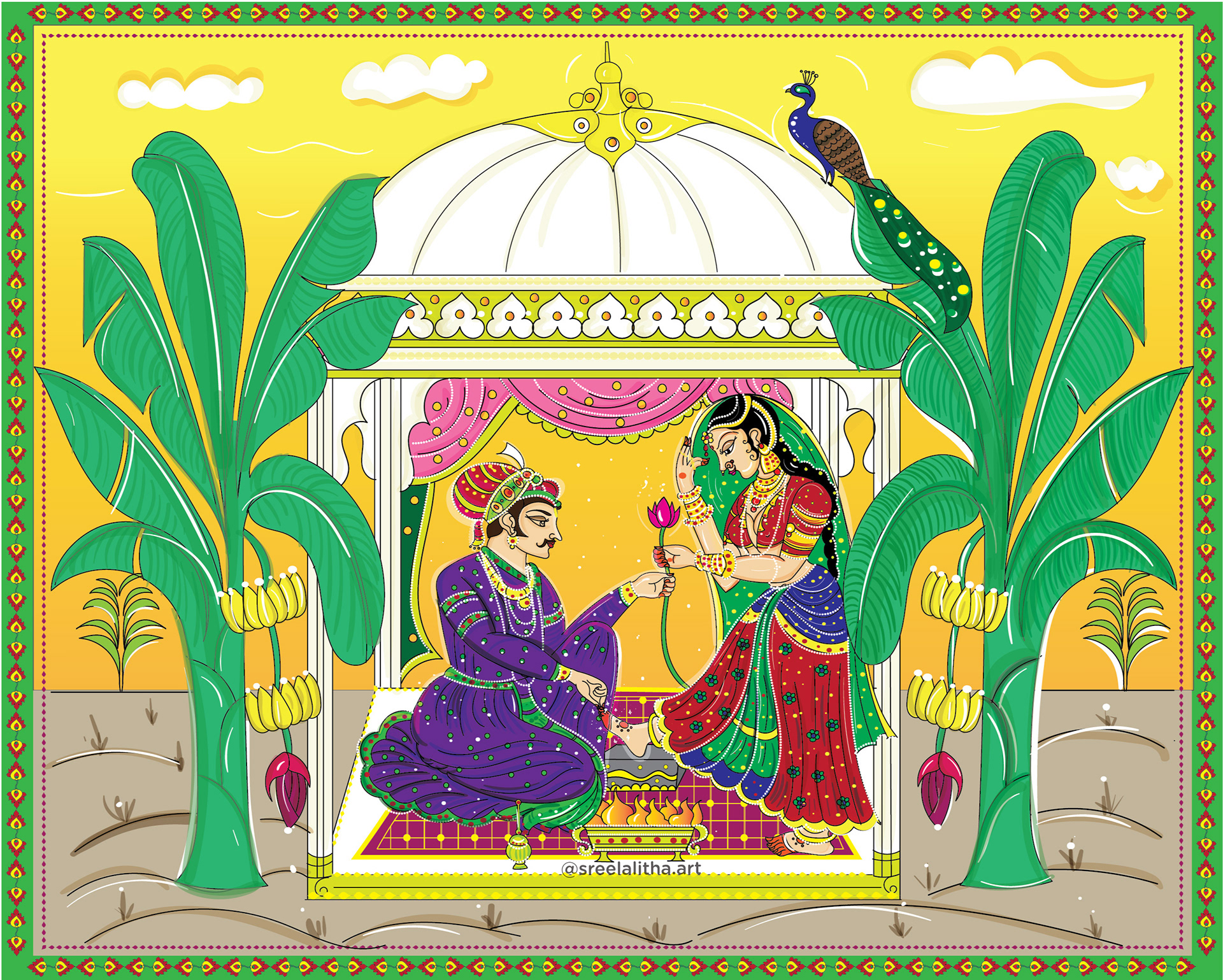 20 tree-based illustrations collective: #9 Royal couple under banana trees in a pavilion