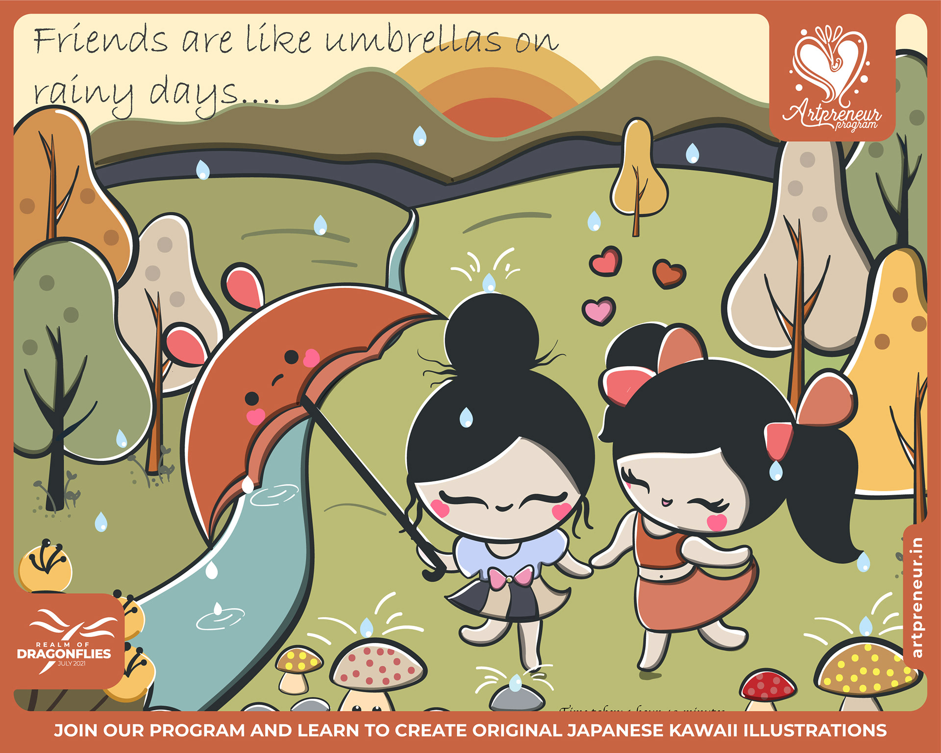 30 kawaii cute illustrations: #24 "Friends are like umbrellas" rainy day