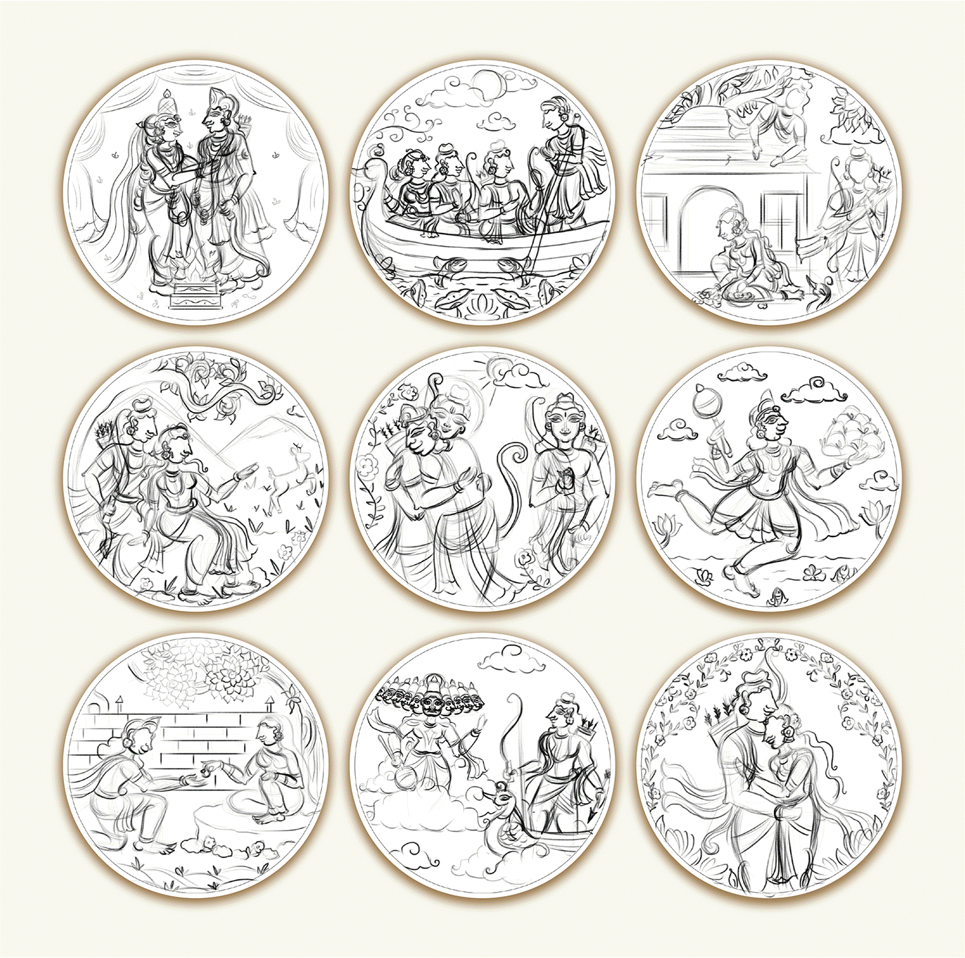Ramayana in 9 wall plates, Pattachitra style for Vinodhini: clean line art of the nine plates
