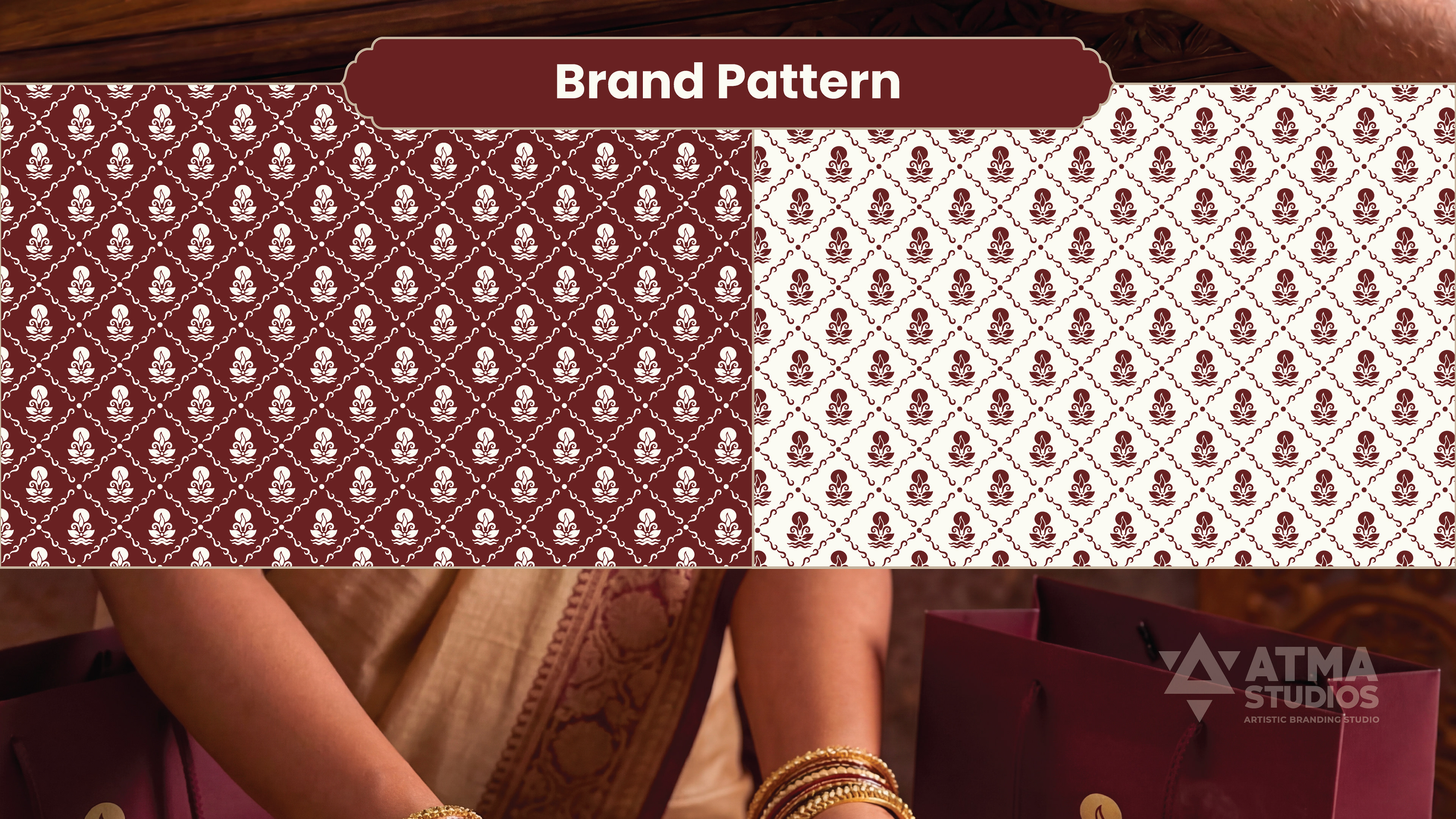 Ritualistic mindful essentials brand: brand pattern in maroon and ivory on fabric