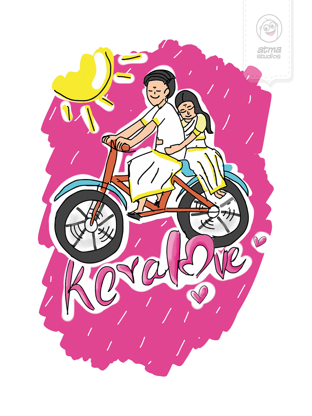 Kerala T-shirt designs 2013: Keralaye artwork of a couple on a bicycle on pink