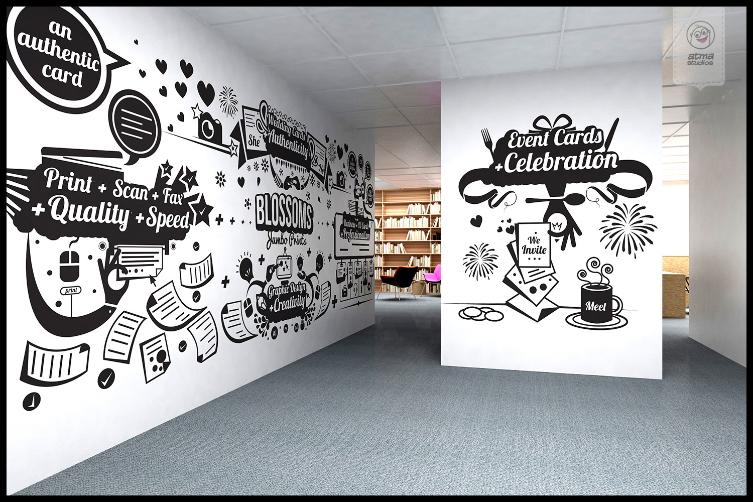 Bangalore office space interior brand illustrations: office corridor with the black and white values wall