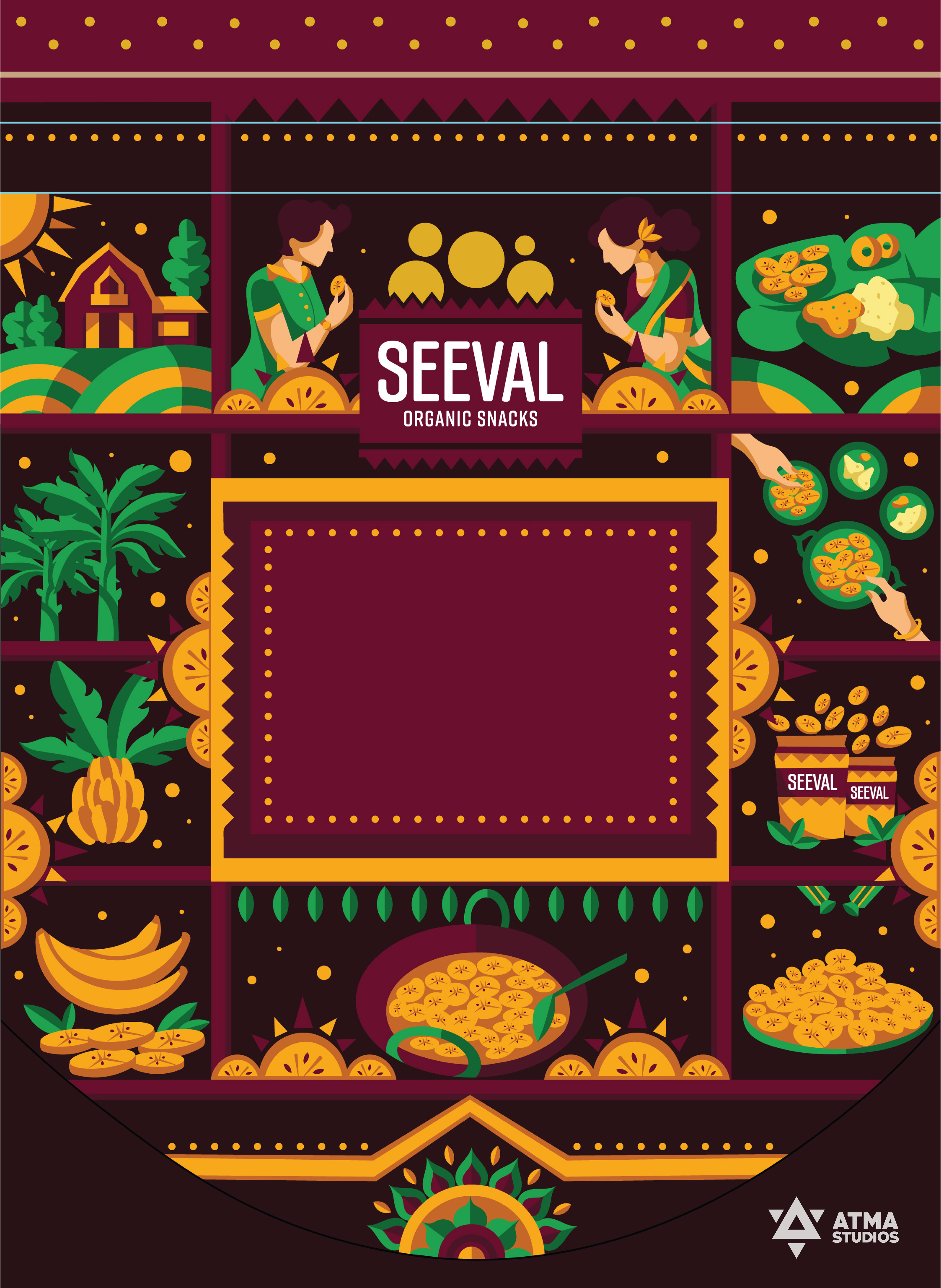 Seeval organic snacks brand: package illustration option 2 with a geometric village market scene