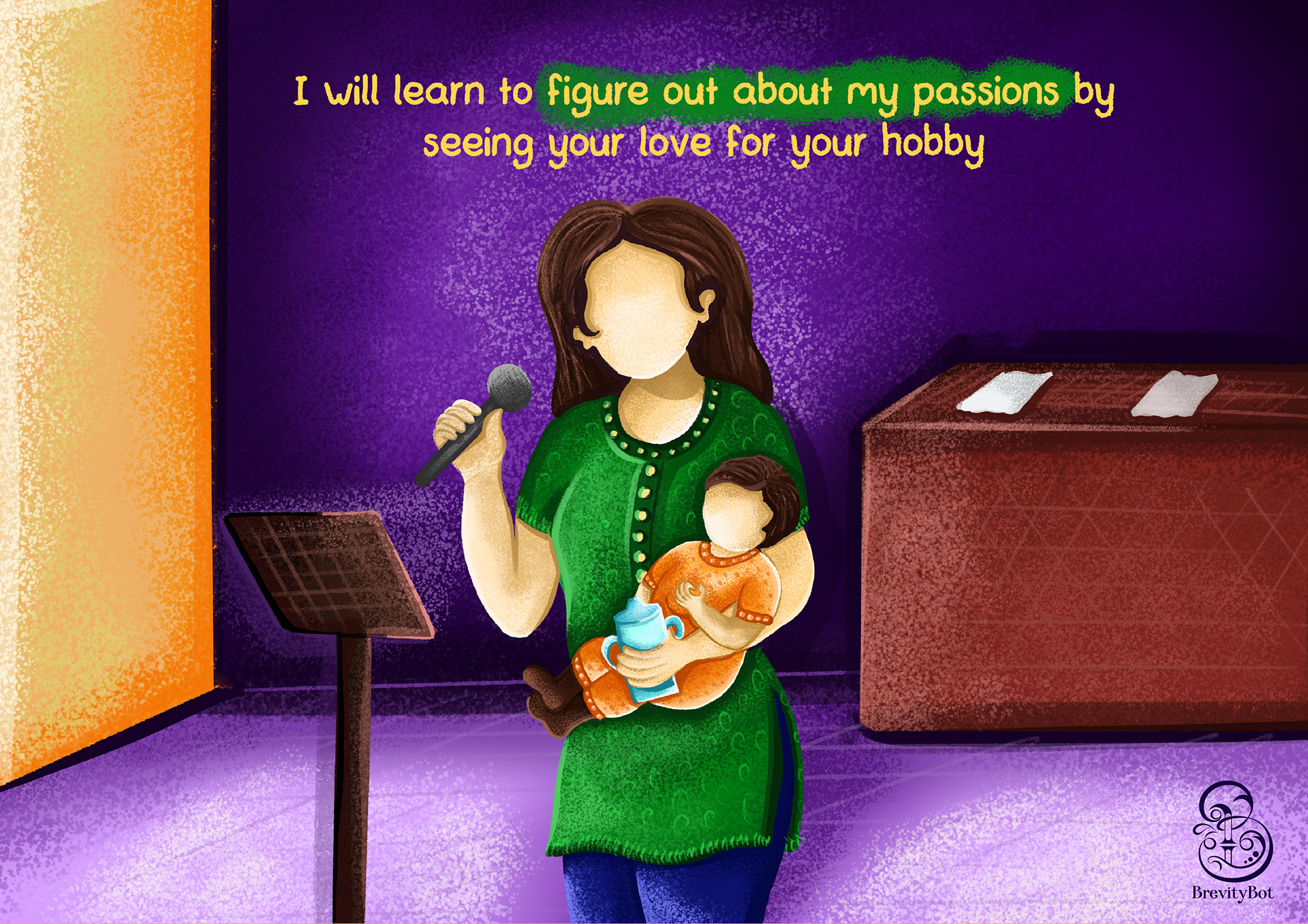 My Precious Mom, a motivational handbook for mothers by Swetha Sridharan: mother singing with her baby at a mic, following passions