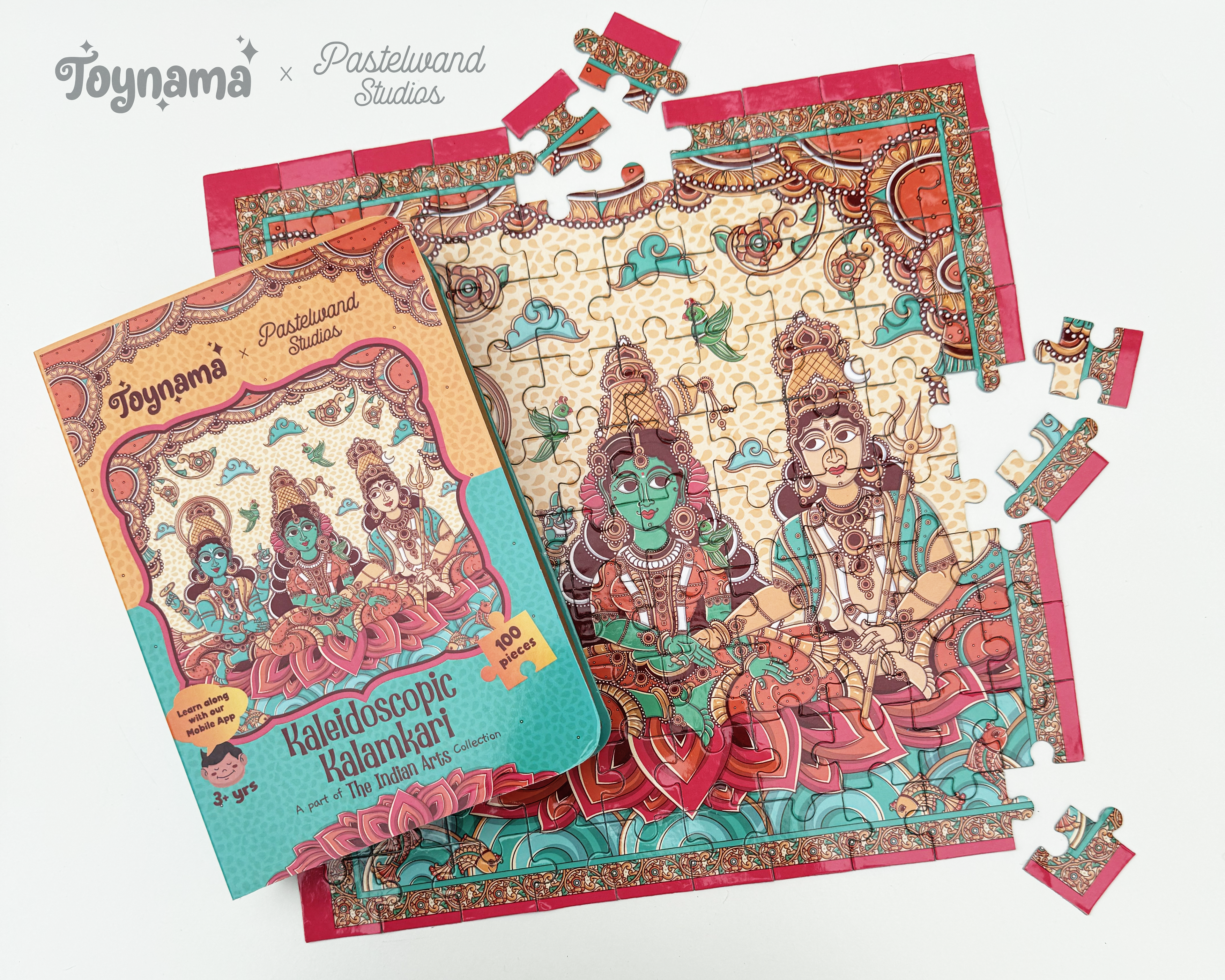 Arts of India jigsaw puzzles for Toynami: Kalamkari jigsaw puzzle box with scattered pieces