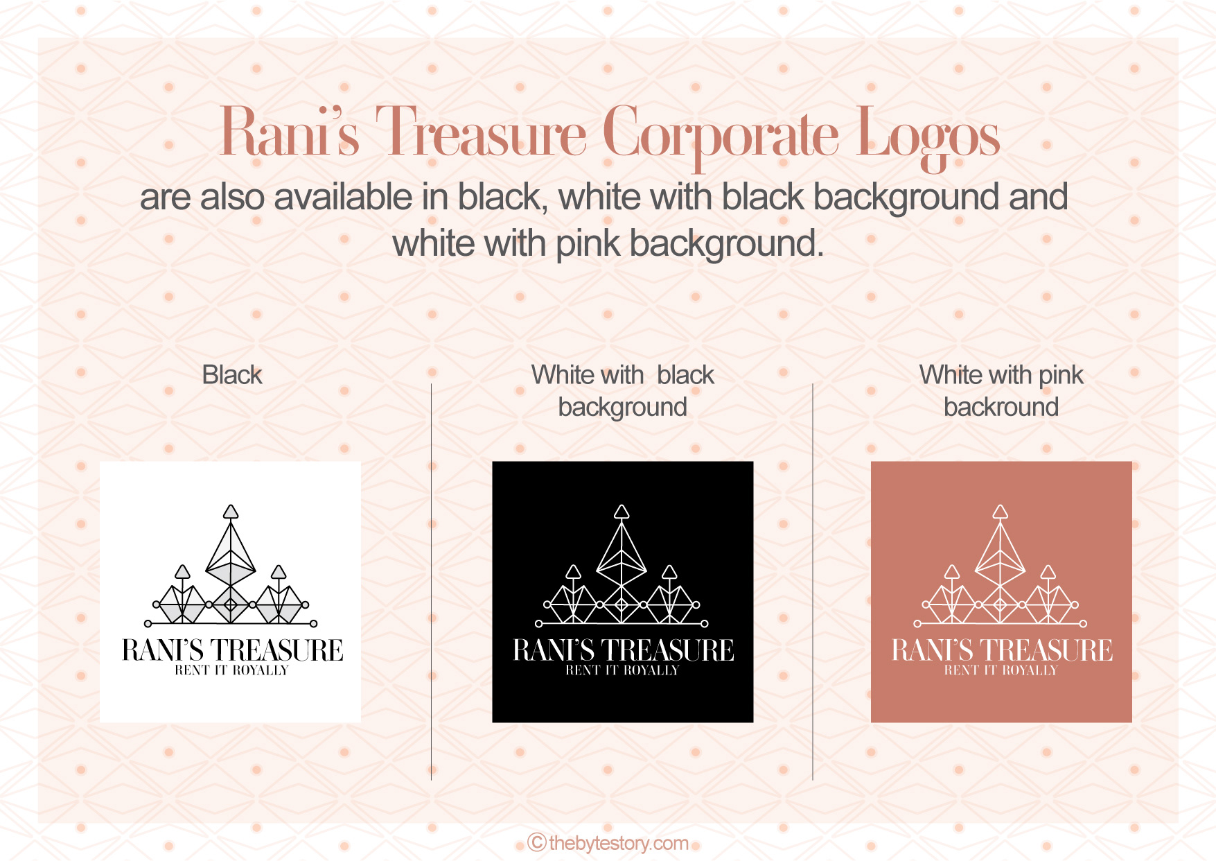 Rani's Treasure luxury jewellery rental brand: corporate logos in black, white on black and white on pink