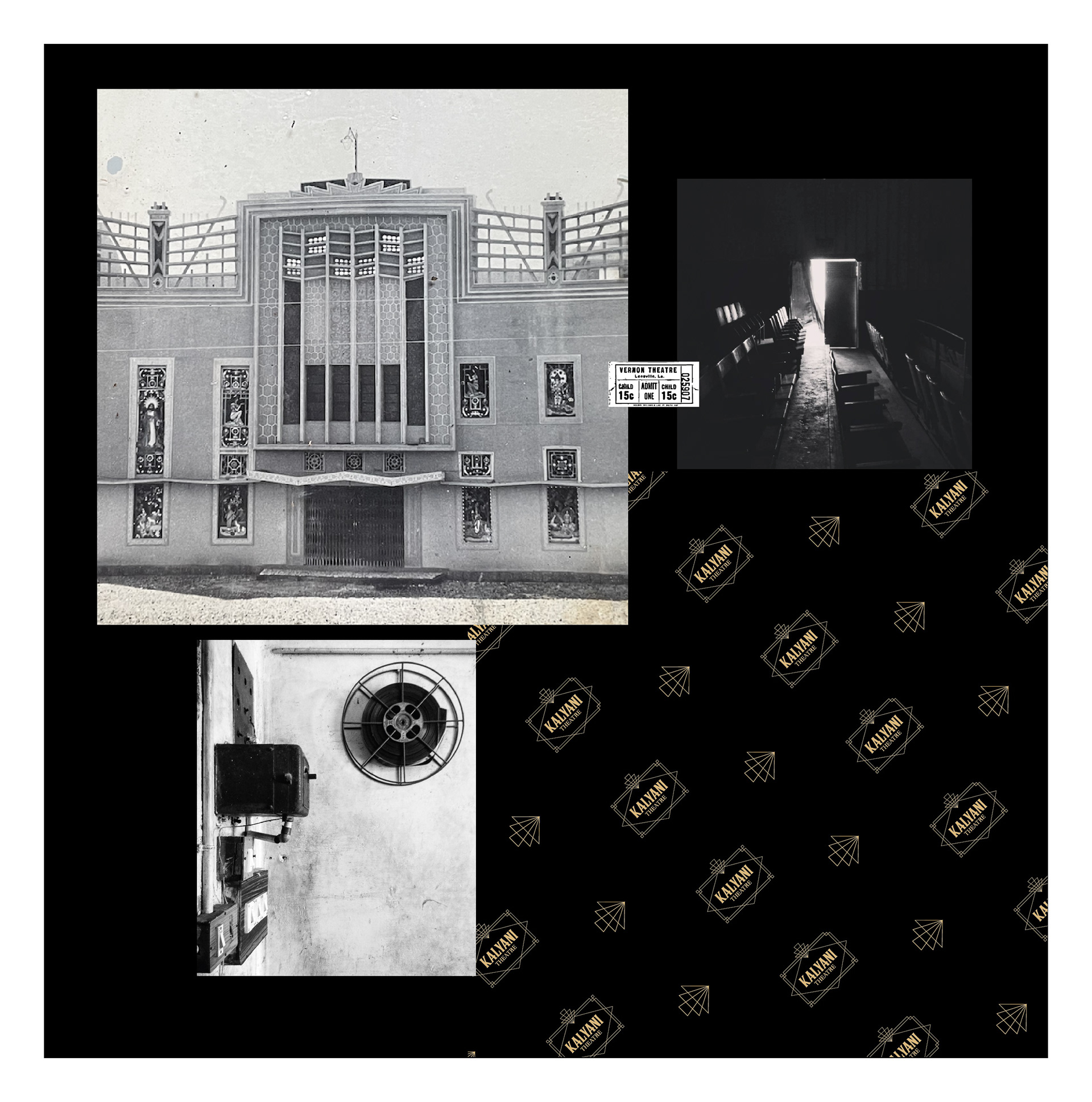 Kalyani Theatre art deco brand identity: moodboard of the theatre building and art deco pattern
