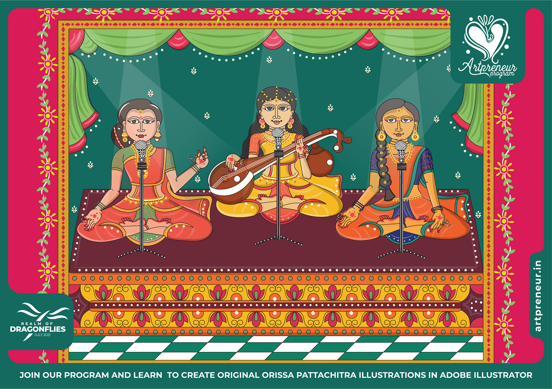 30 Orissa Pattachitra Indian folk illustrations: #18 Women musicians