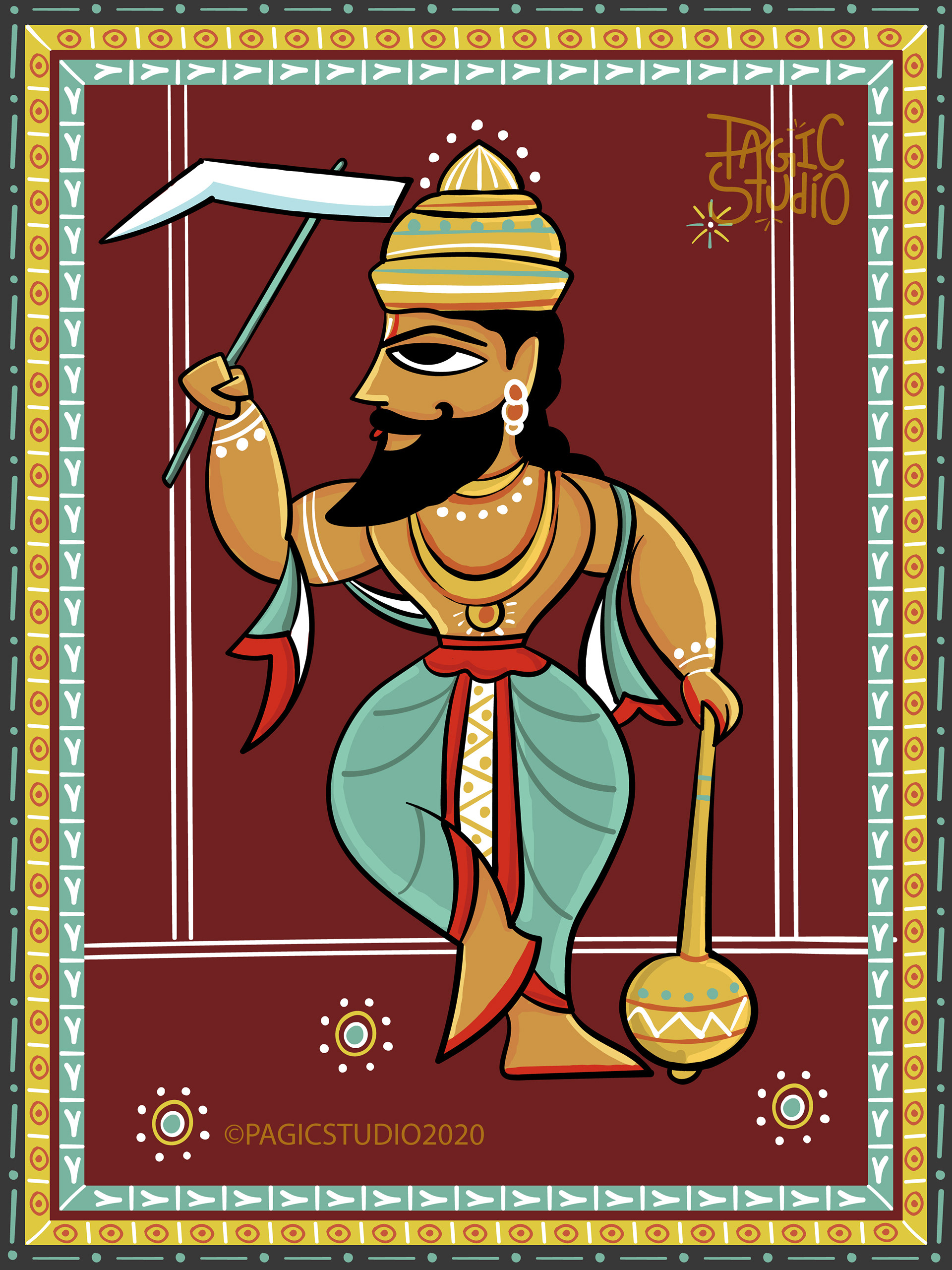 Dasavatara illustrations in Bengal Patua style: #8 Balarama with his plough