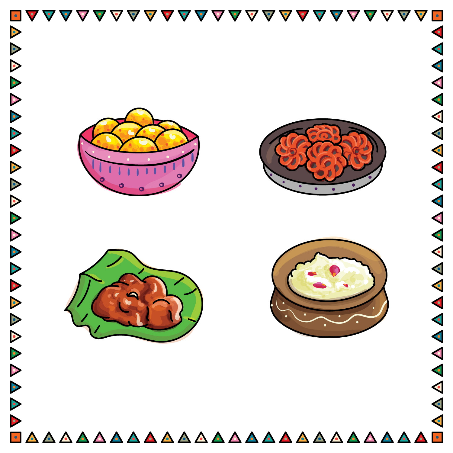 Sweet Kadai Diwali package illustration: illustrated laddu, murukku and other sweets