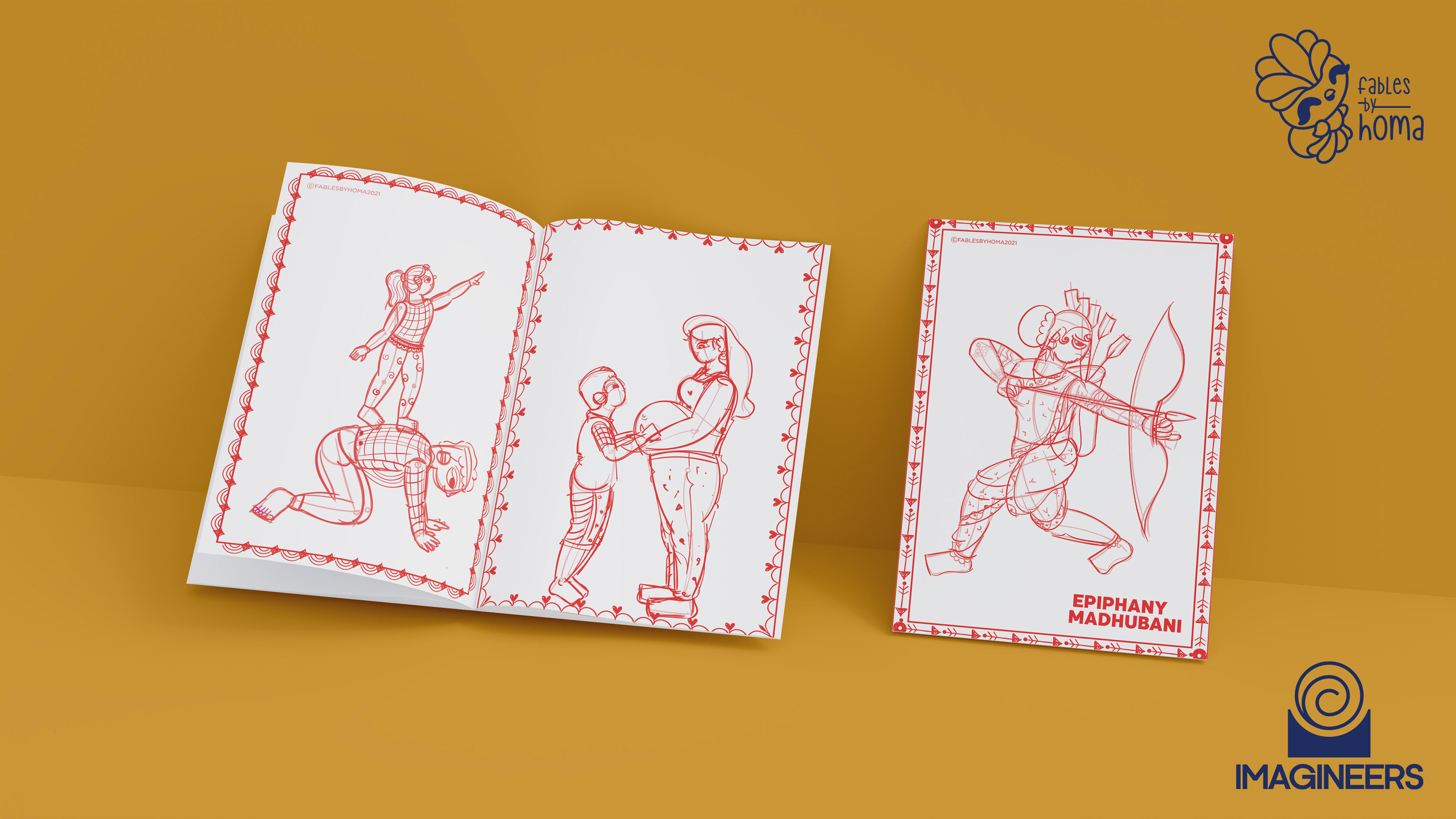 Epiphany Madhubani experimental illustrations: #29 Inked figure pages, spread 1