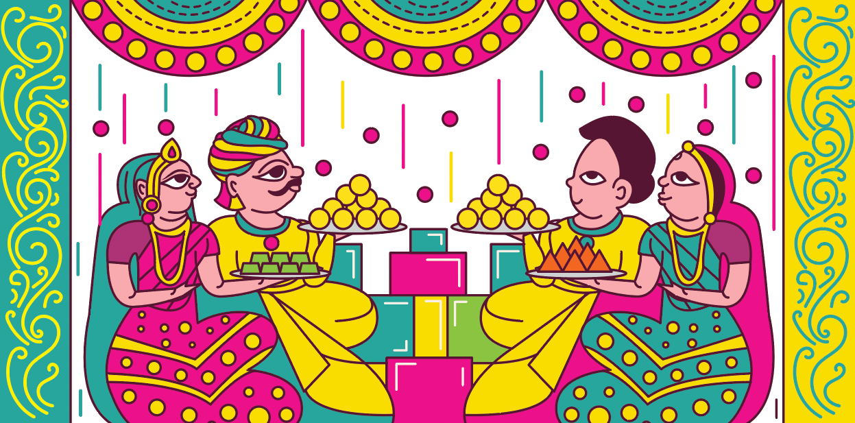 Kesar sweet shop space branding in Phad painting style: family sharing sweets panel