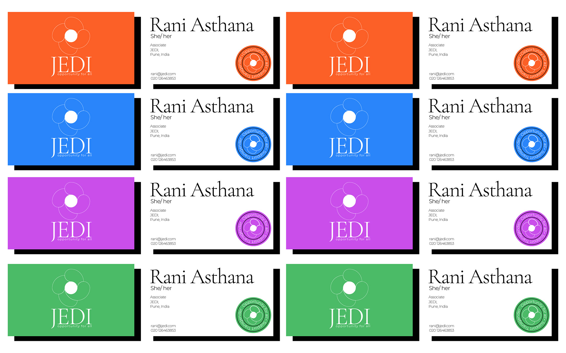 JEDI equality organisation branding: grid of business cards front and back