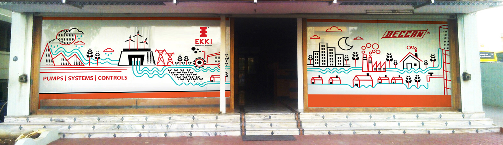 Ekki Pumps exterior wall illustration: building front with two illustrated wall panels