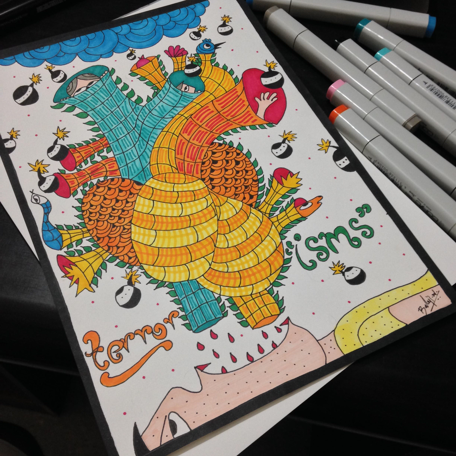 50 contemporary Indian folk art illustrations: #46 Colourful peacock in markers