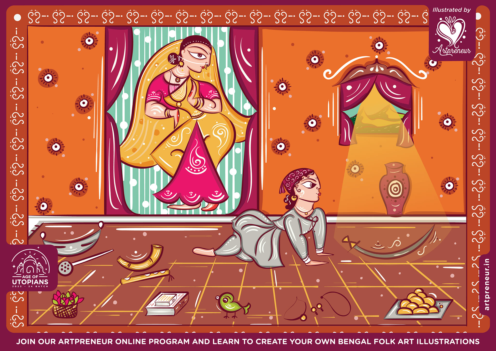 50 contemplated Bengal folk art illustrations: #15 Woman at a window and a child