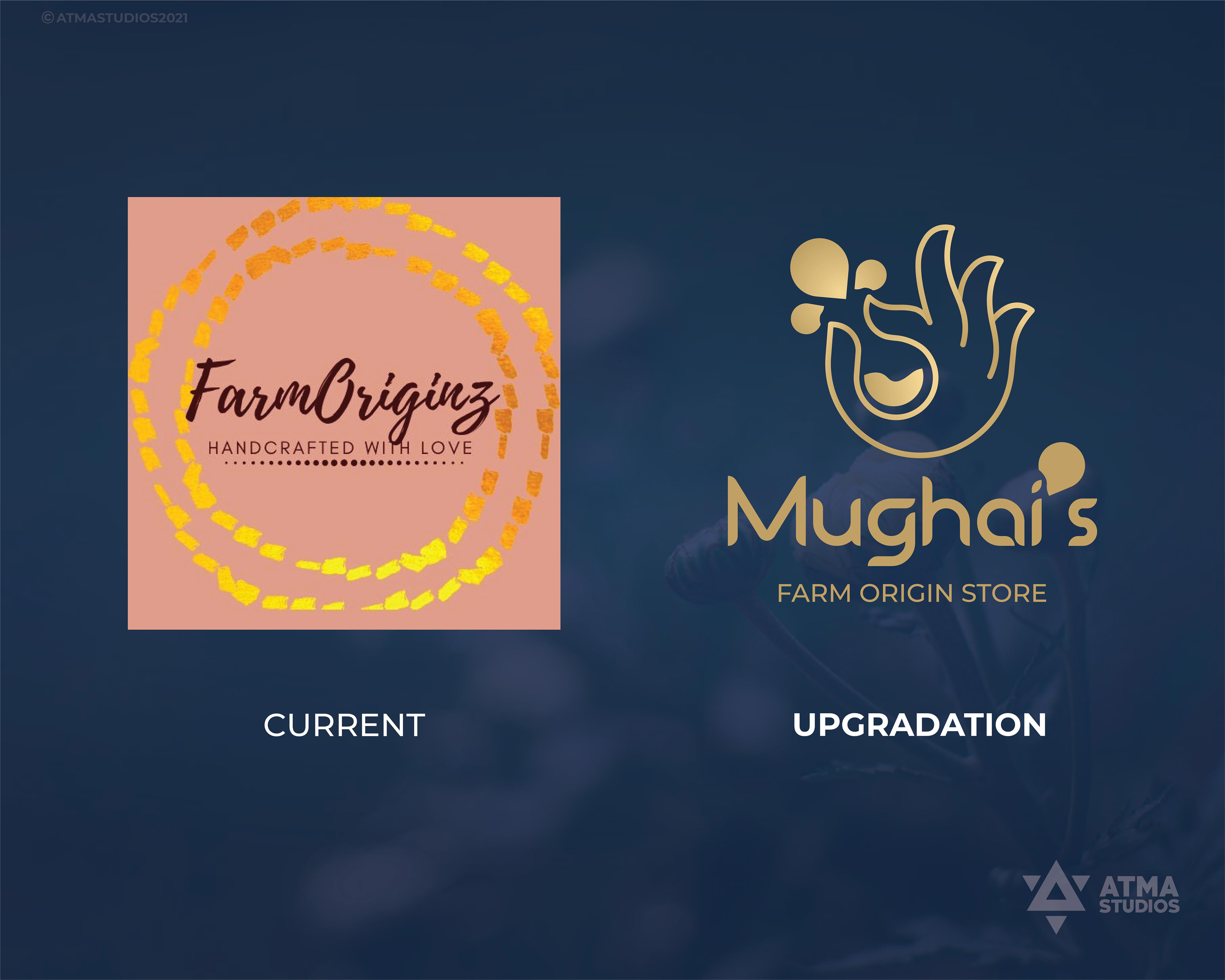Mughai's Farm Origin Store rebranding: before and after: old FarmOriginz logo and new Mughai logo