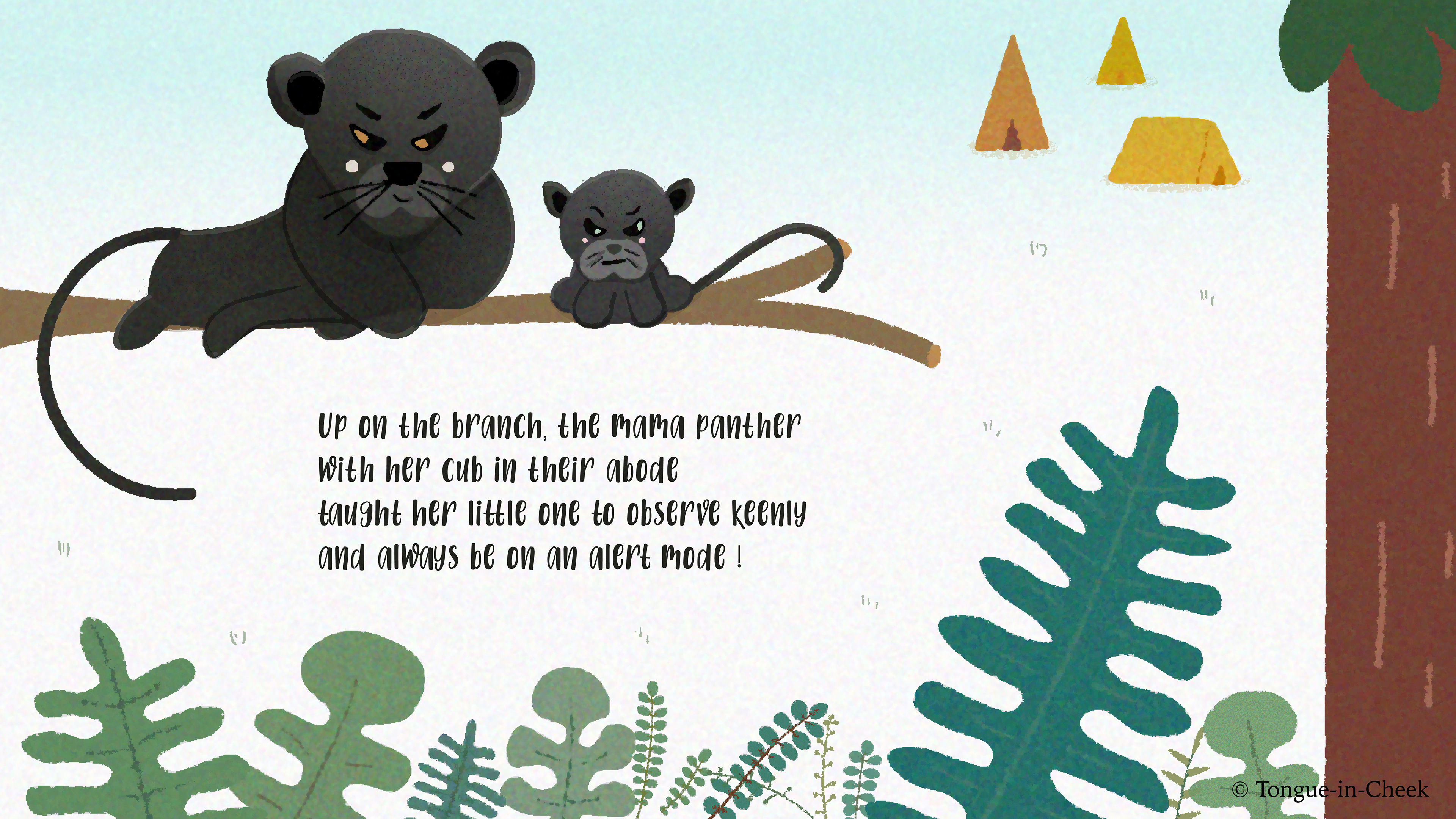 Learnings from Animal Moms vector poem children's book: poem page with a black panther mother and cub on a branch