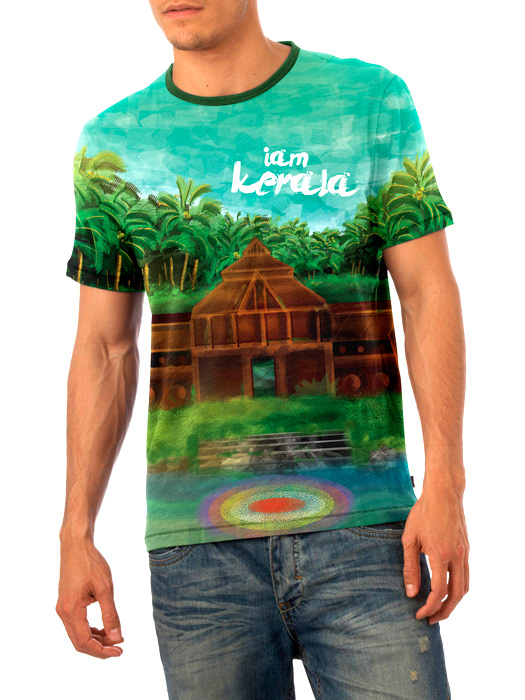 Kerala T-shirt illustrations: man wearing the all-over print I am Kerala T-shirt