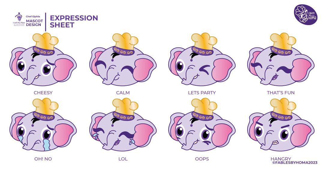 Craft My Plate catering app logo and mascot design: mascot expression sheet of eight faces