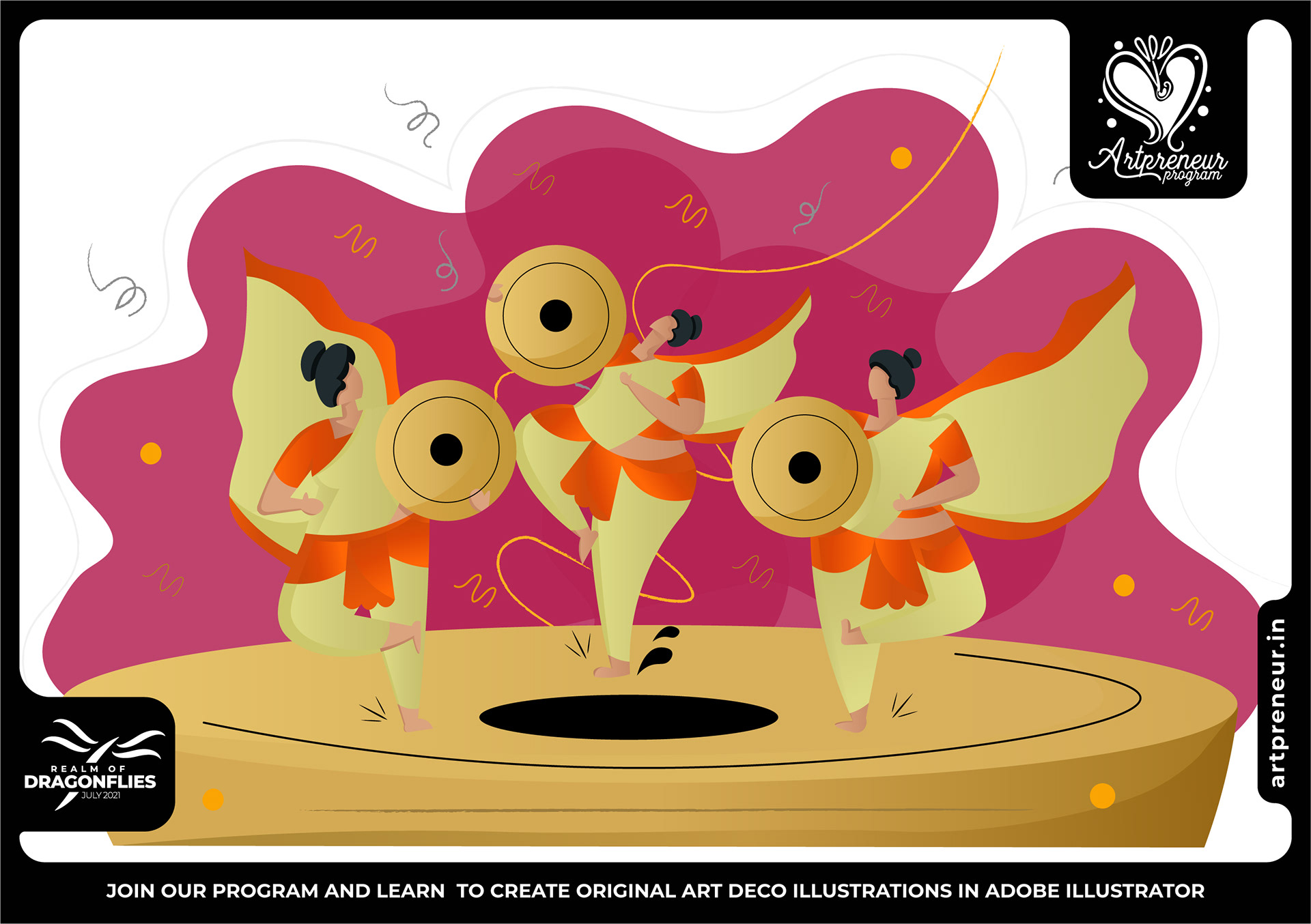 20 Art Deco flat illustrations: #5 Dancers with cymbals on a stage