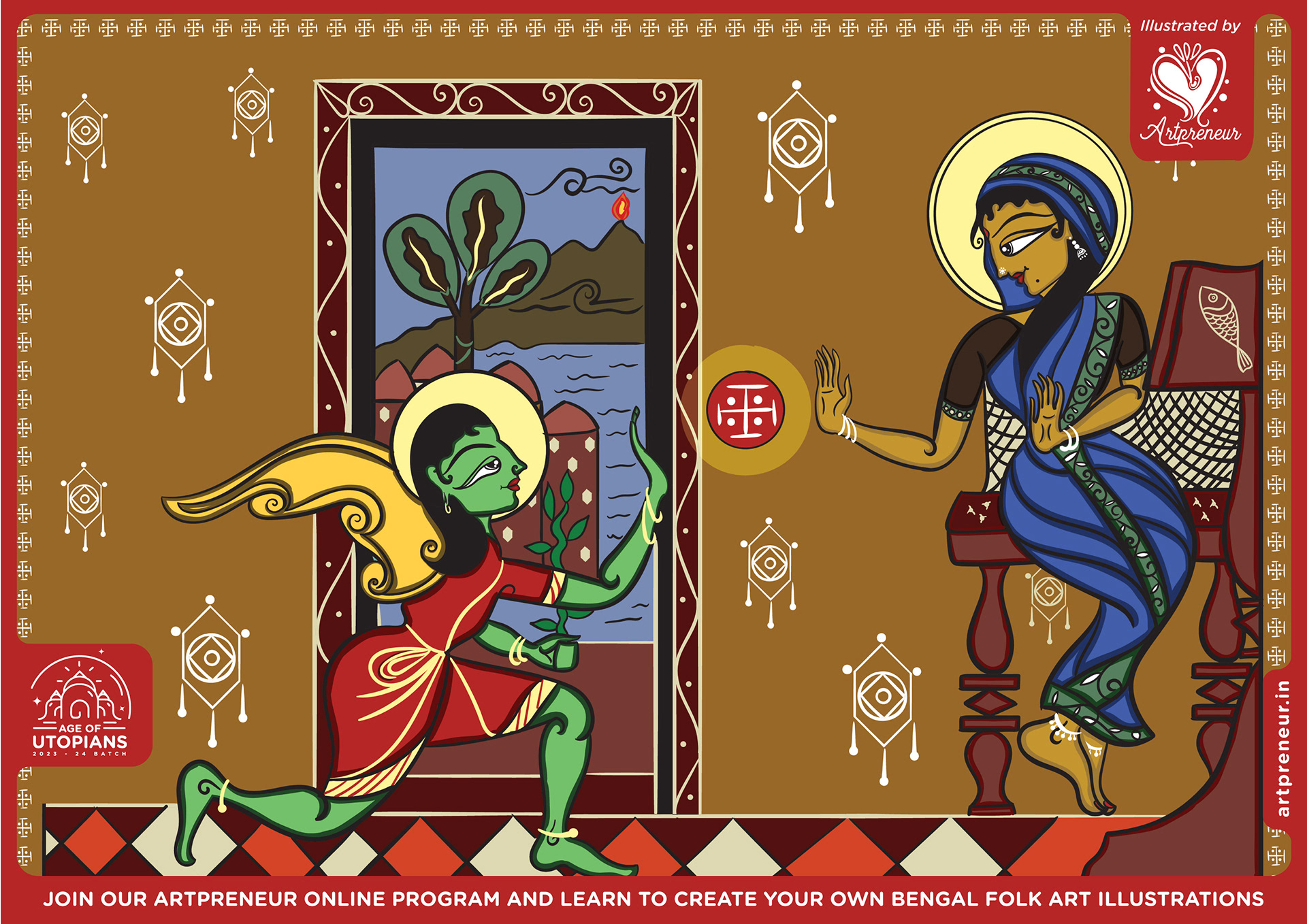 50 contemplated Bengal folk art illustrations: #16 Two figures in a doorway