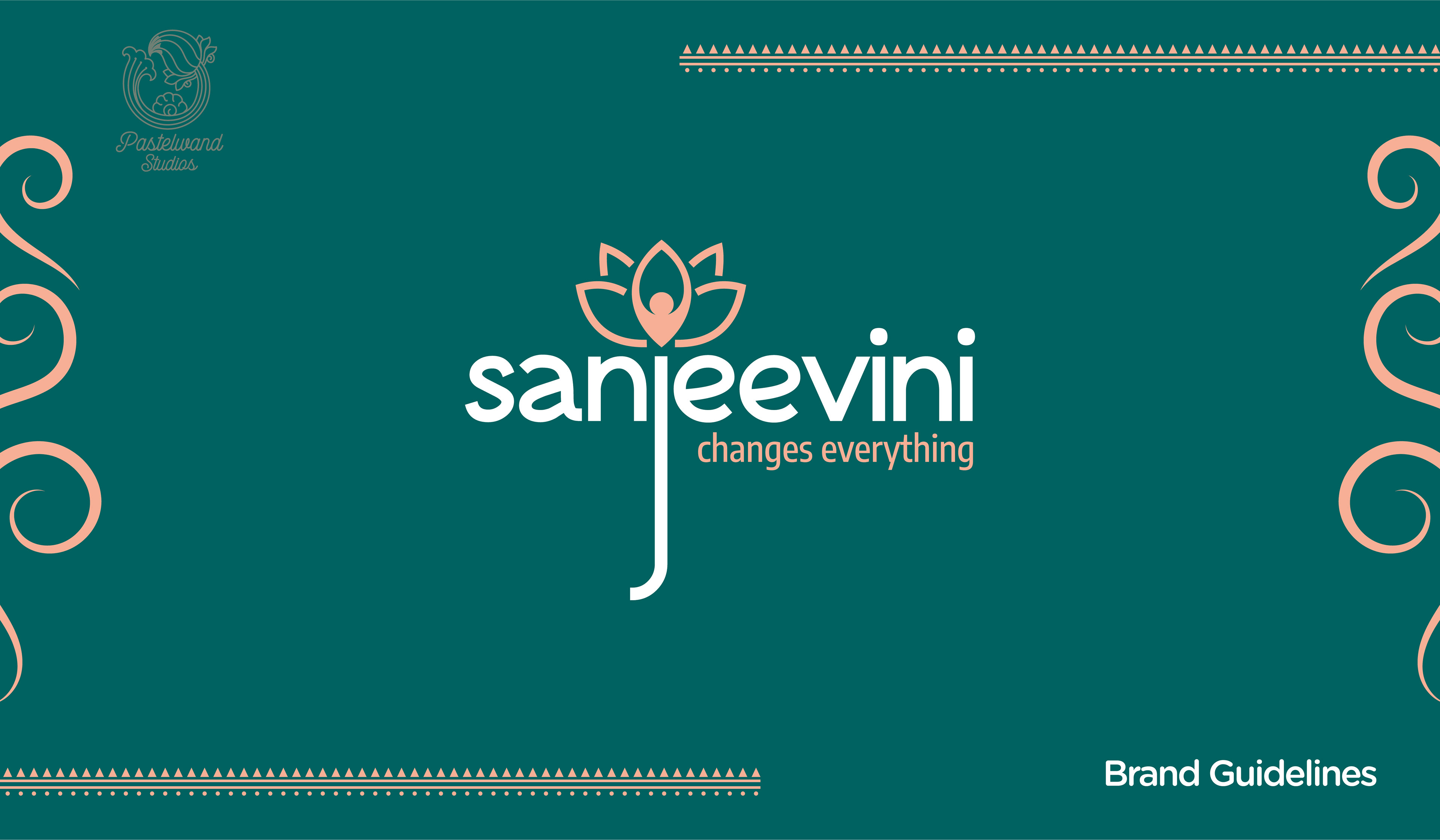 Sanjeevini spiritual brand guidelines: cover with the Sanjeevini lotus logo on teal, branding by Atma Studios