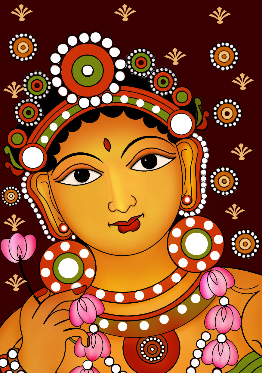 Creative Creatures, Tamil character illustrations: Kerala mural style goddess portrait with lotuses