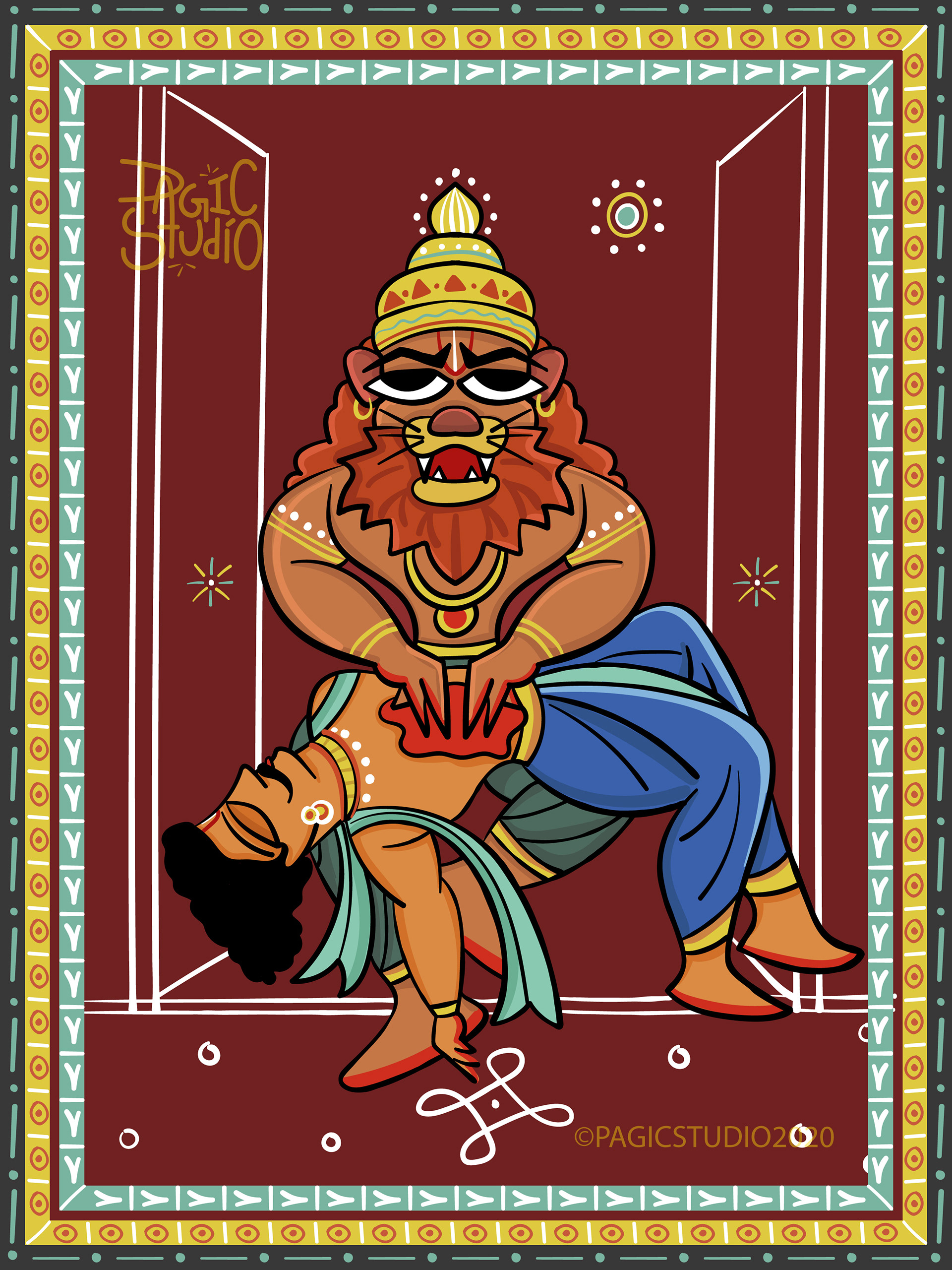 Dasavatara illustrations in Bengal Patua style: #4 Narasimha, the lion avatar