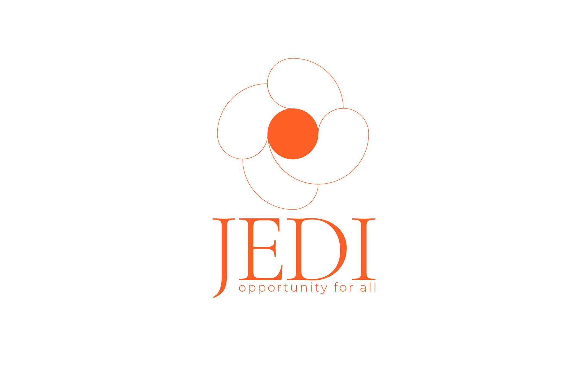 JEDI equality organisation branding: orange flower logo with the JEDI wordmark, logo design by Atma Studios