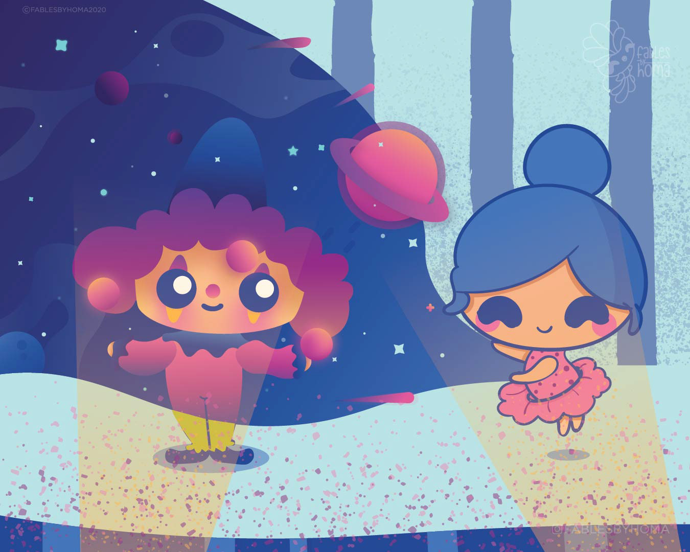 Japanese kawaii nouveau cute characters: #33 Kawaii couple in a dreamy forest