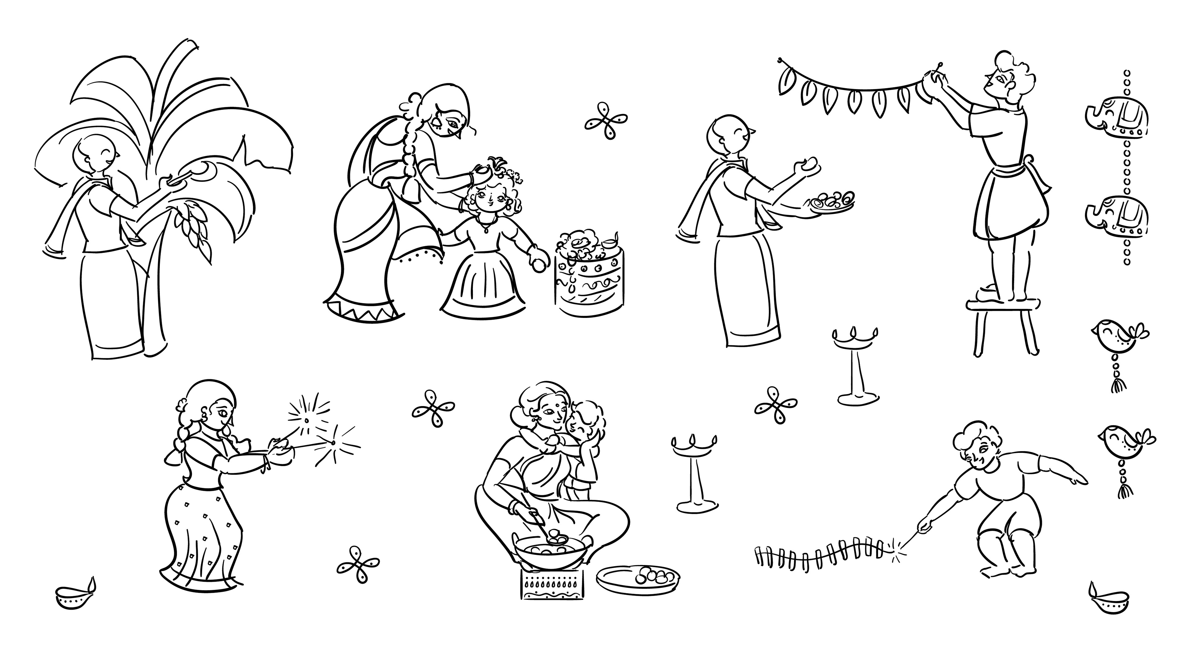Sweet Kadai Diwali package illustration: character line sketches of Diwali activities