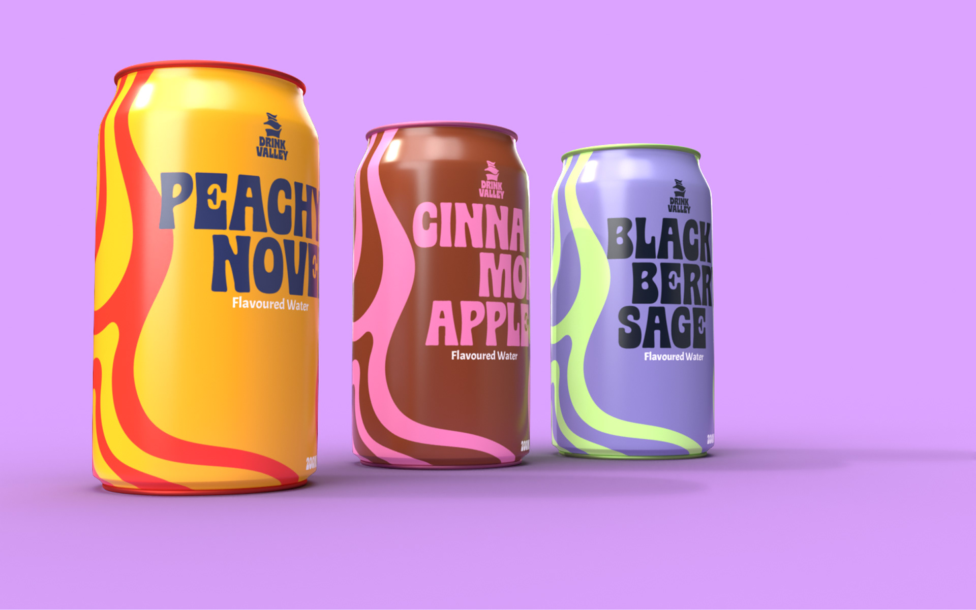 Drink Valley flavoured soda can branding and packaging: close-up of the three cans side by side