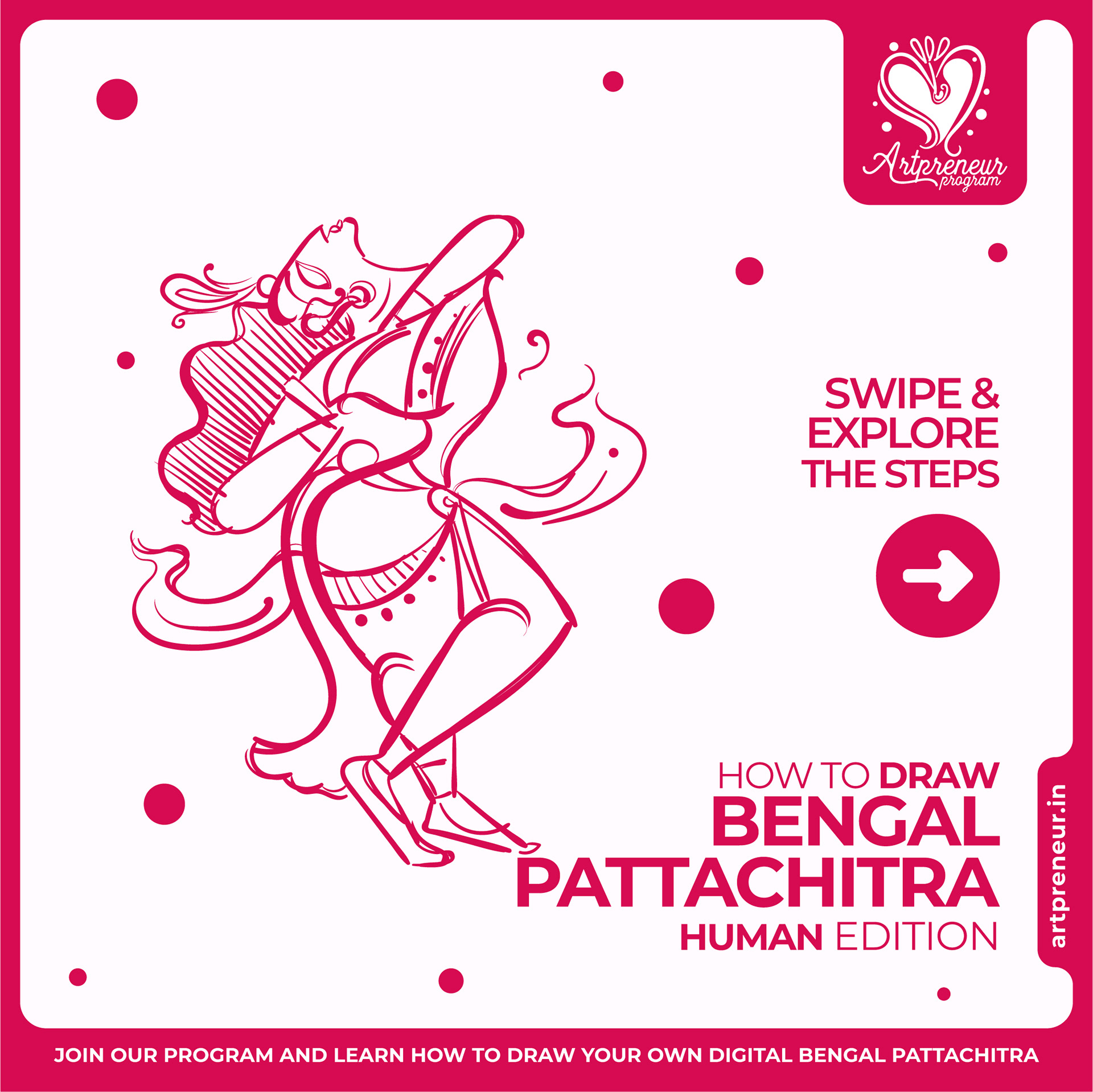 50 Bengal Pattachitra Indian folk illustrations: #48 "How to draw" pink dancer outline