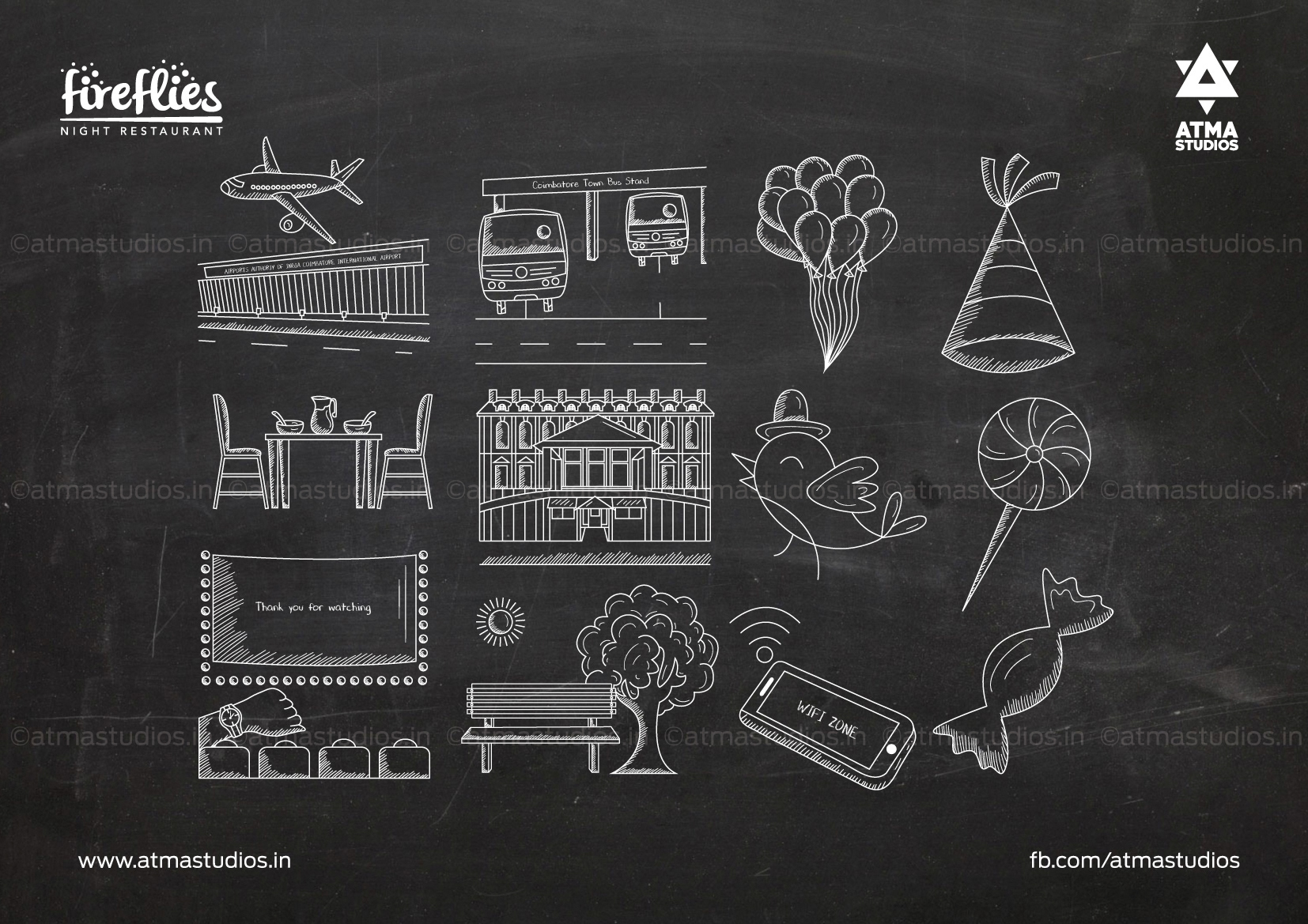 Fireflies chalk icon set: plane, bus, building, party hat and sweets