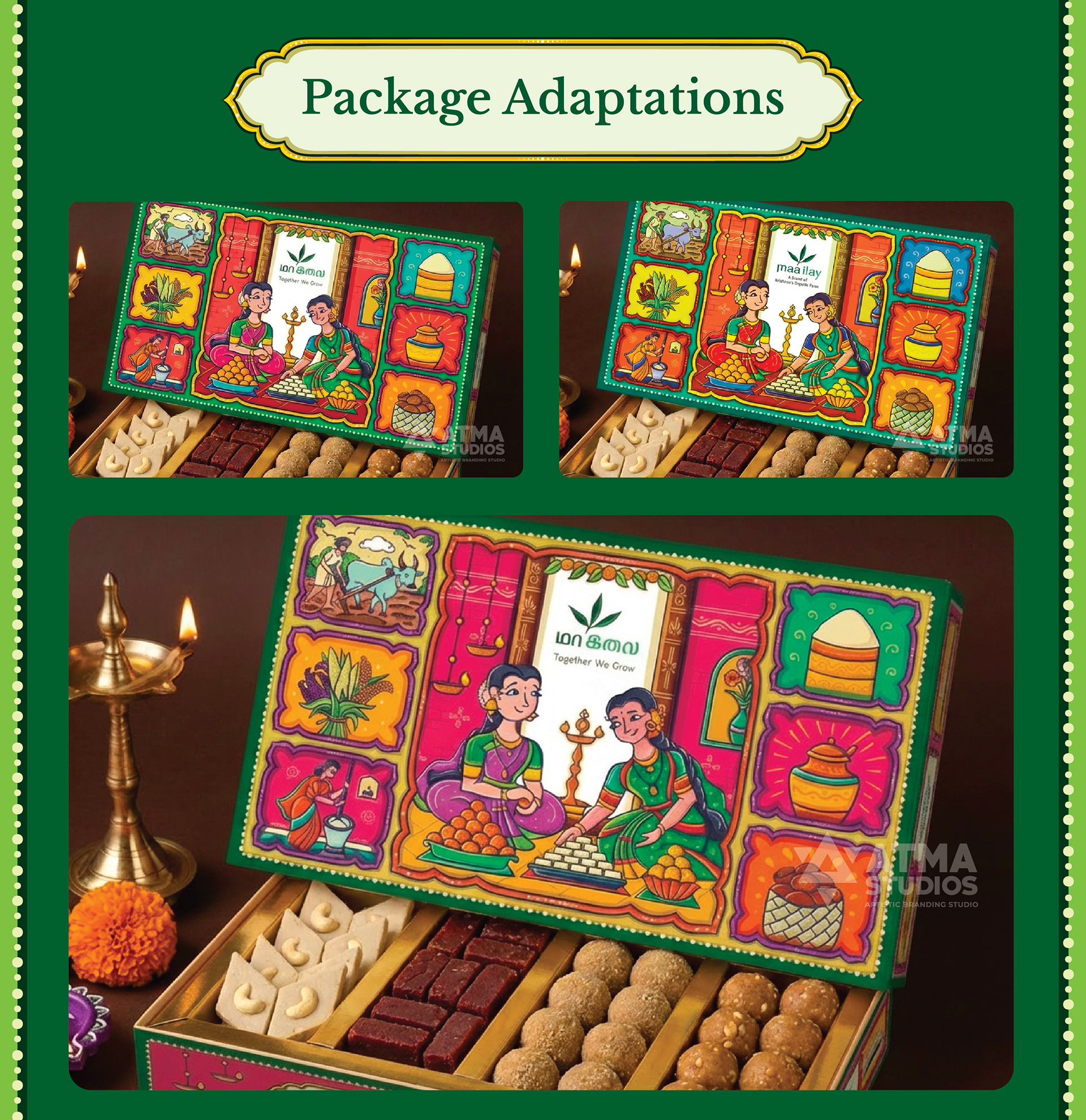 Maa Ilay illustrated sweet box package design: package adaptations shown as sweet box mockups