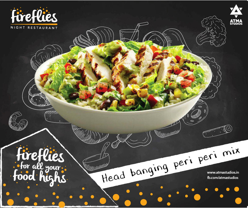 Fireflies menu poster: chicken salad bowl with the tagline for all your food highs