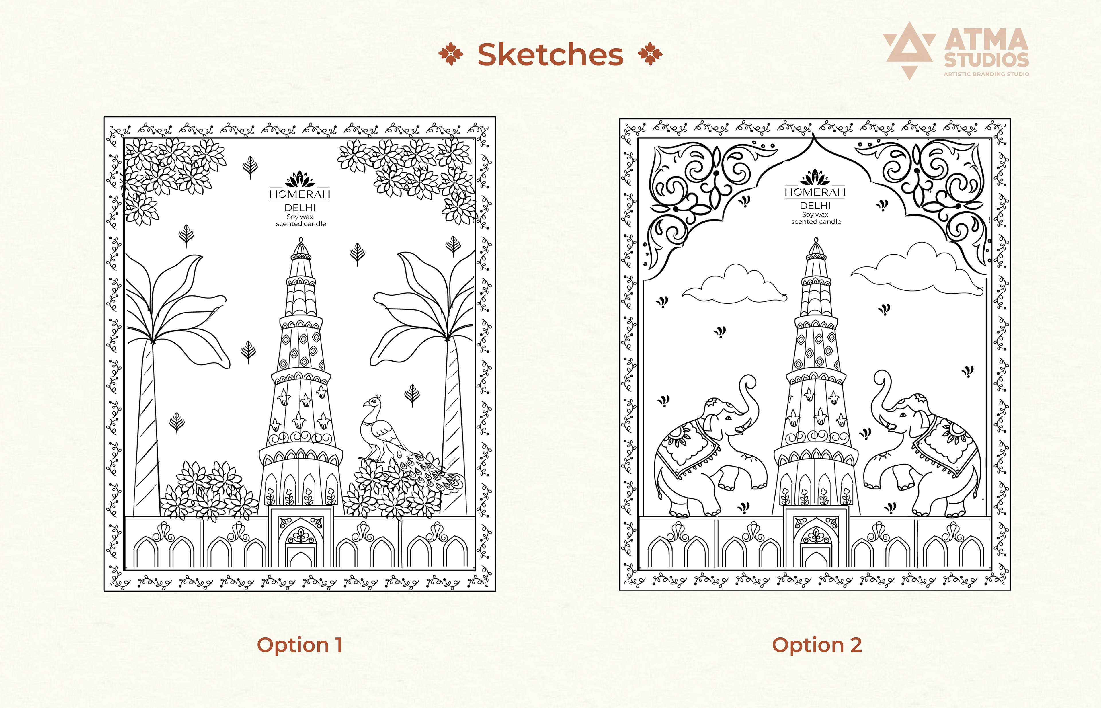 Homerah premium lifestyle candle and incense package design: Delhi label sketches, two options