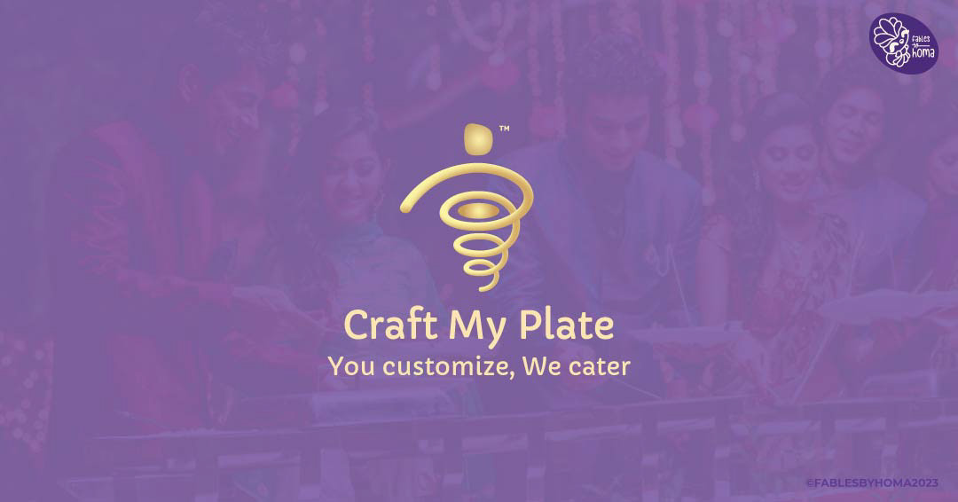Craft My Plate catering app logo and mascot design: gold tornado of plates logo on purple with the tagline You customize, We cater, by Atma Studios
