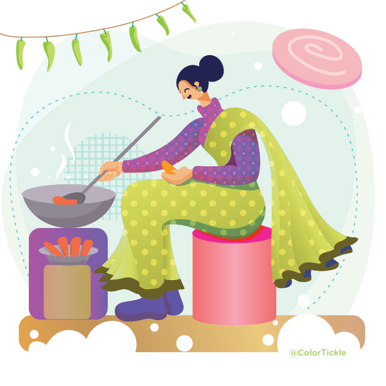 Winter in Chennai illustration series: woman cooking on a stove with a toran above