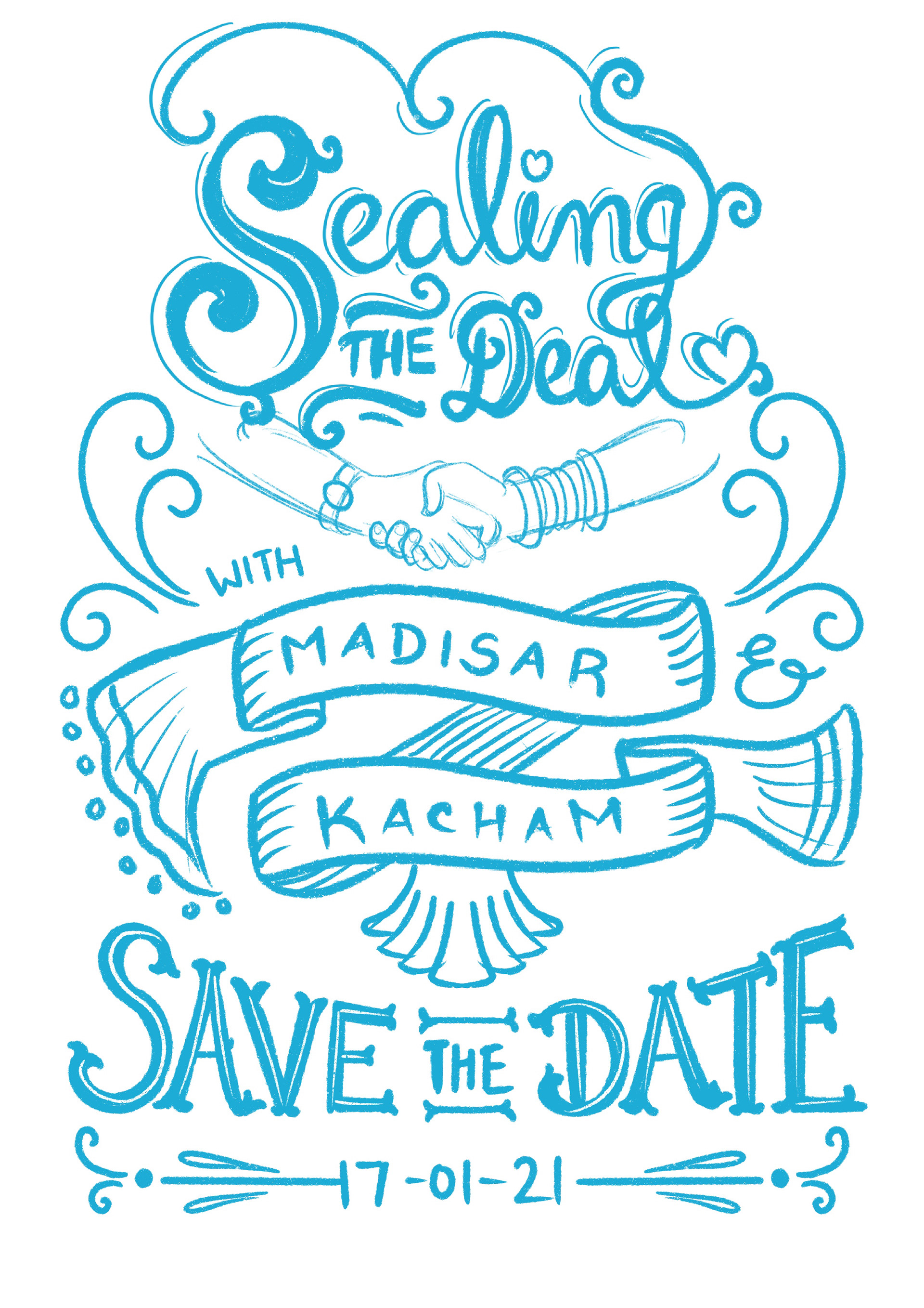 Indian illustrative hand lettering for weddings: Sealing the Deal with Madisar and Kacham save the date sketch, hand lettering by Atma Studios