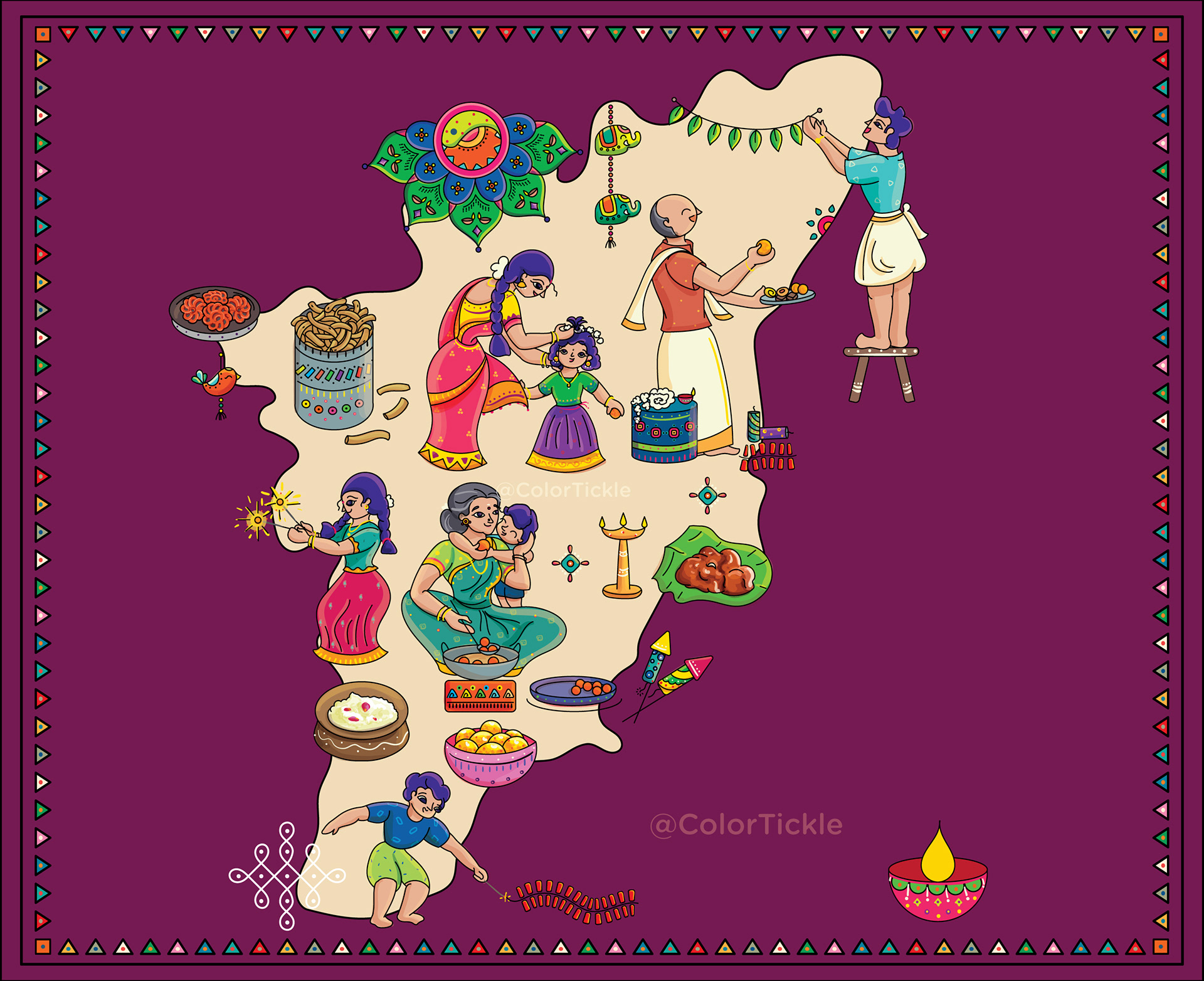 Sweet Kadai Diwali package illustration: Tamil Nadu map illustration on a purple box panel