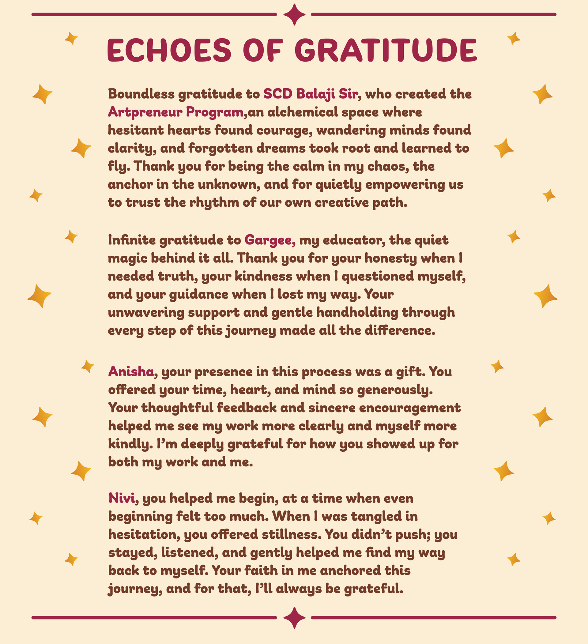 Enchanted Echoes children's book of slokas: echoes of gratitude acknowledgement note